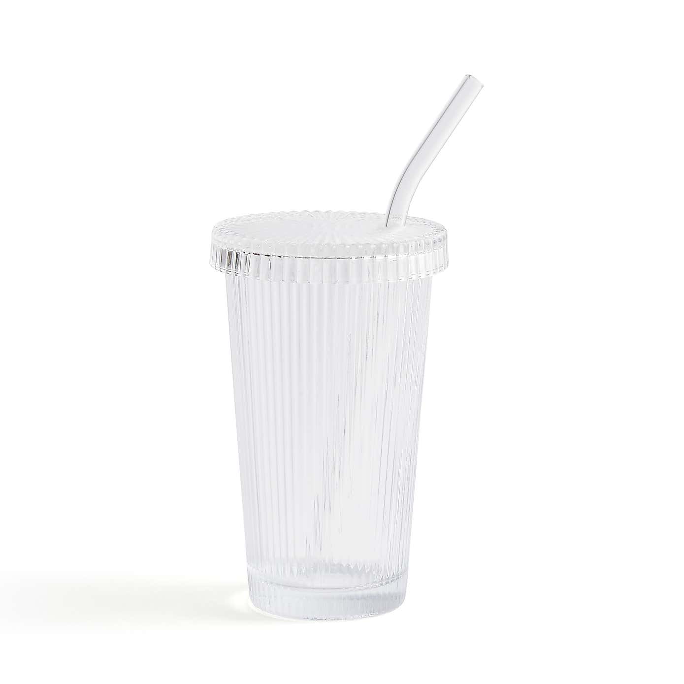 Ribbed Clear Glass Tumbler with Straw