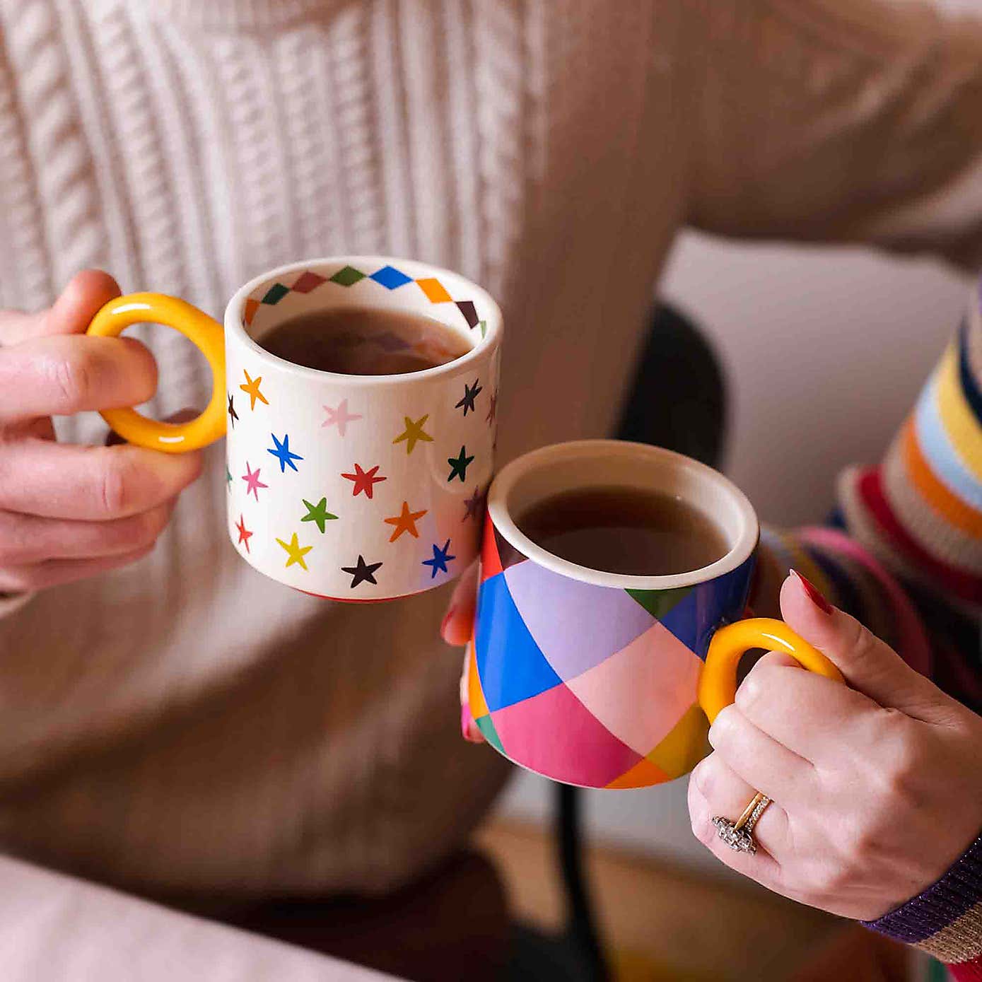Raspberry Blossom Set of 2 Check and Star Patterned Mugs