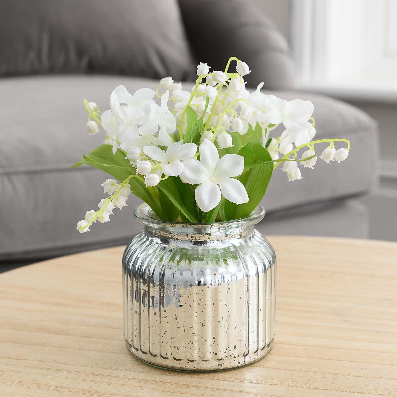 Artificial Lily of the Valley Bouquet in Silver Metallic Vase