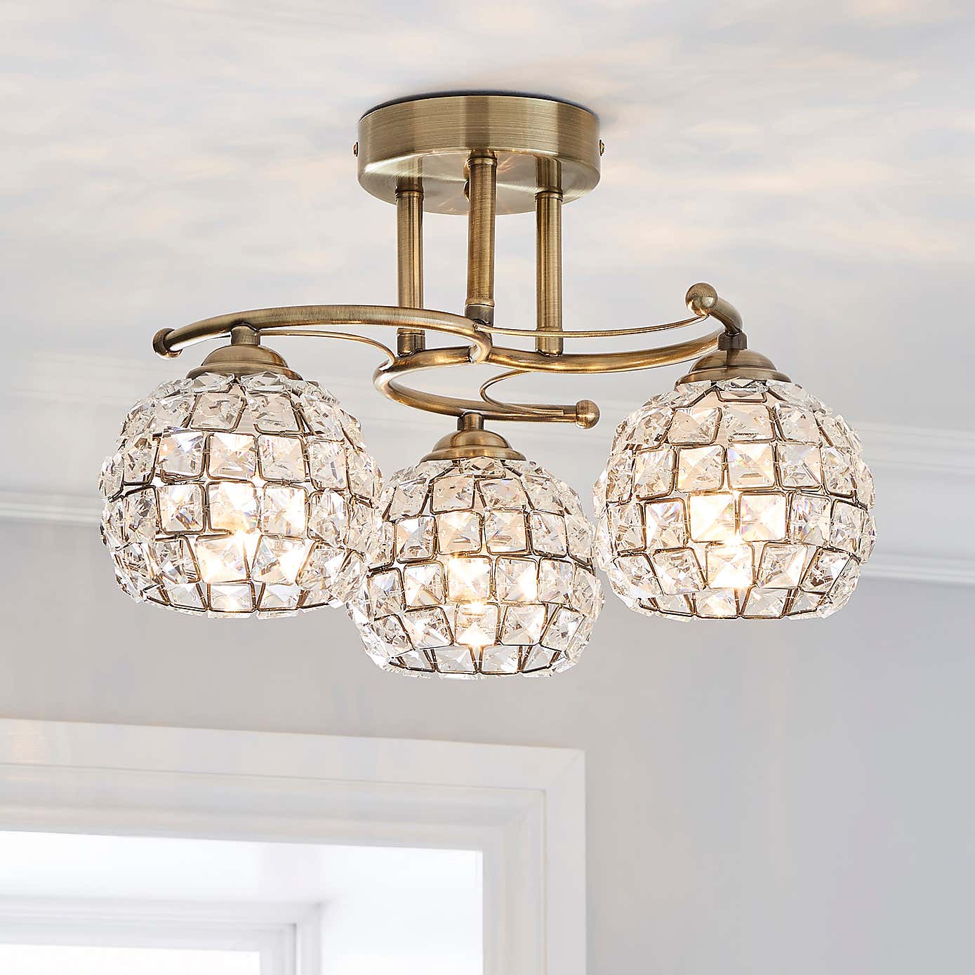 Bergen 3 Light Crystal Antique Brass Ceiling Fitting