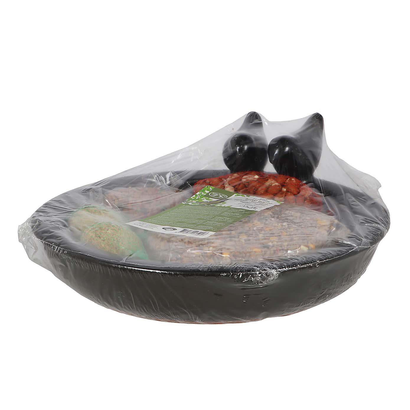 Fallen Fruits Bird Bath Ceramic Black Round with Bird Food