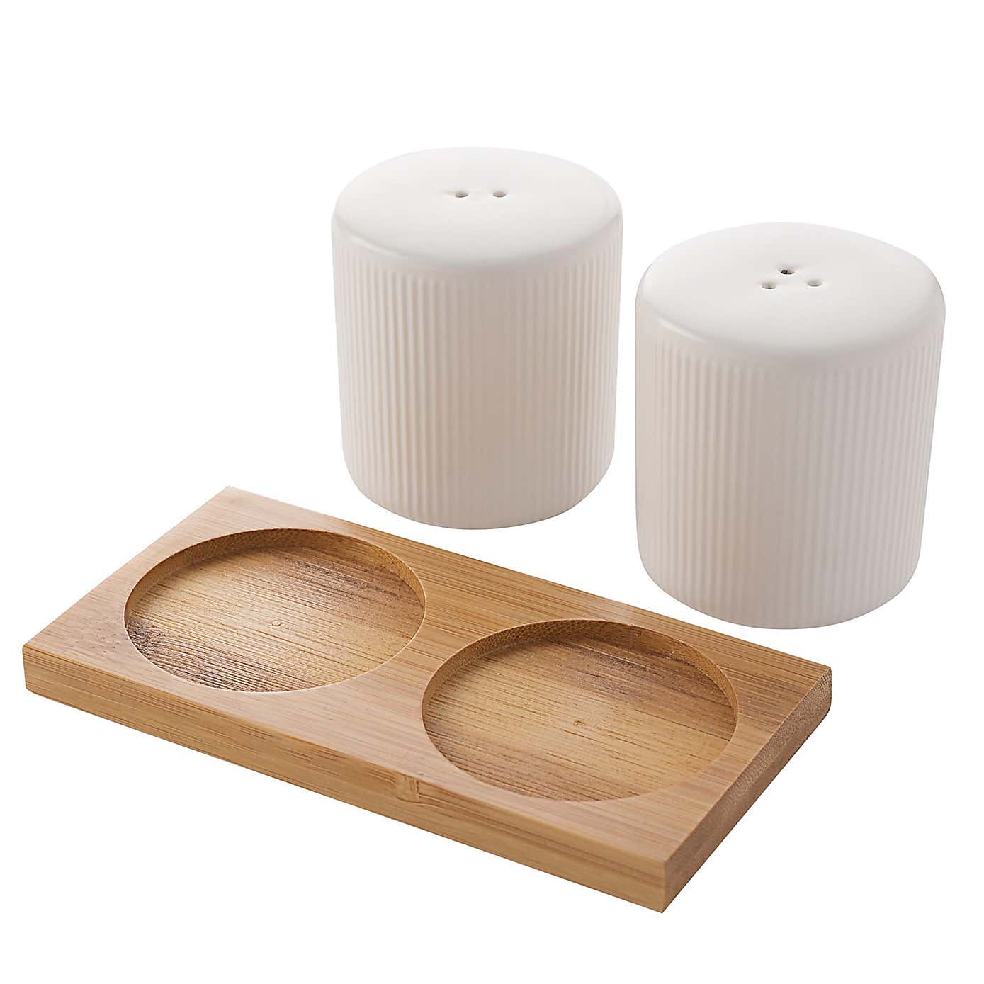 Hestia Ribbed Salt and Pepper Set With Bamboo Stand
