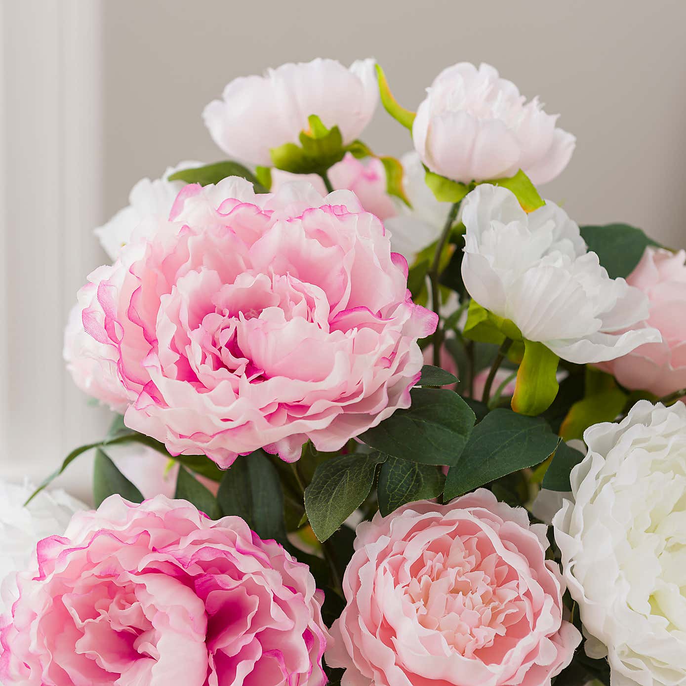 Artificial Pink & White Peony Bouquet in Washed Grey Resin Vase