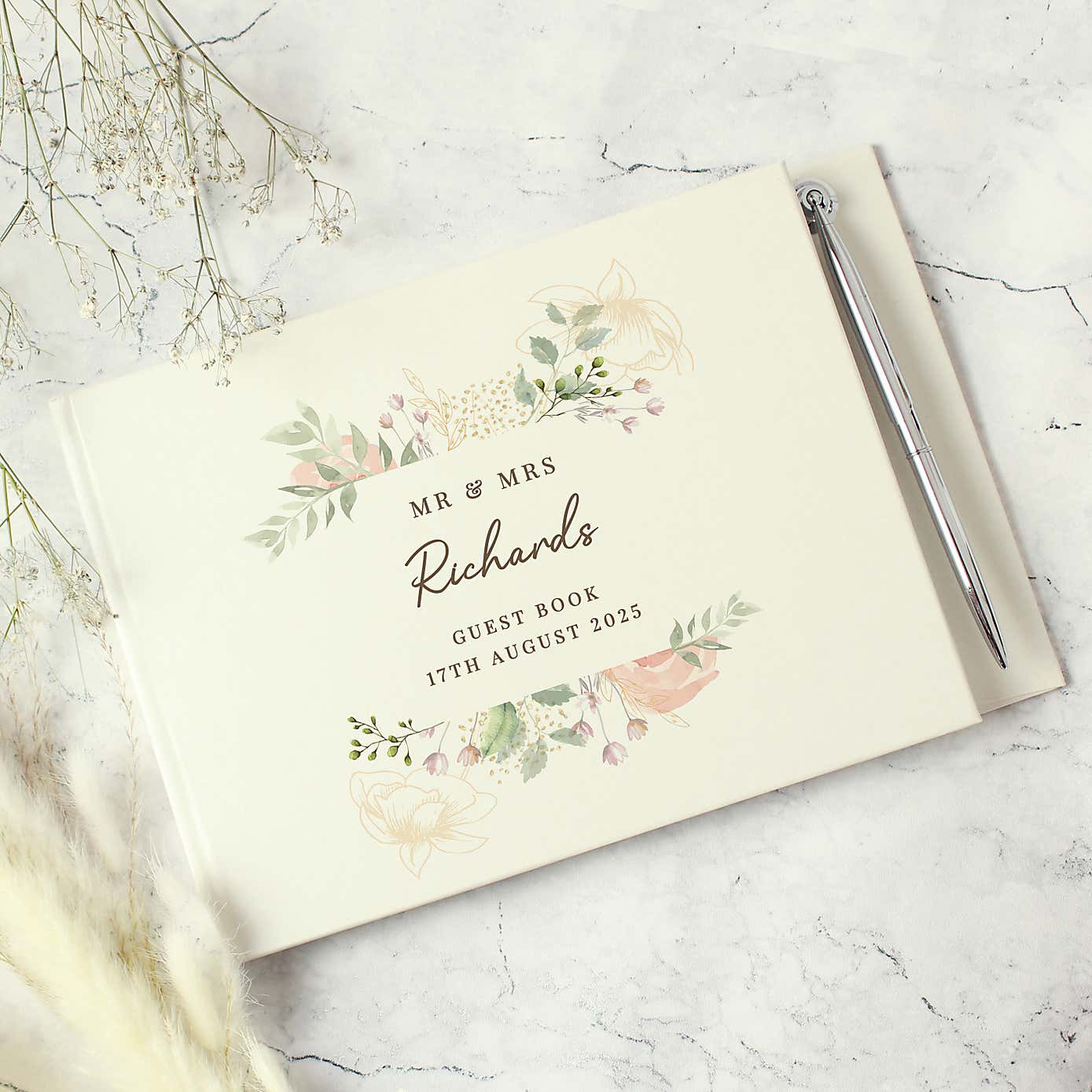 Personalised Floral Watercolour Hardback Guest Book and Pen