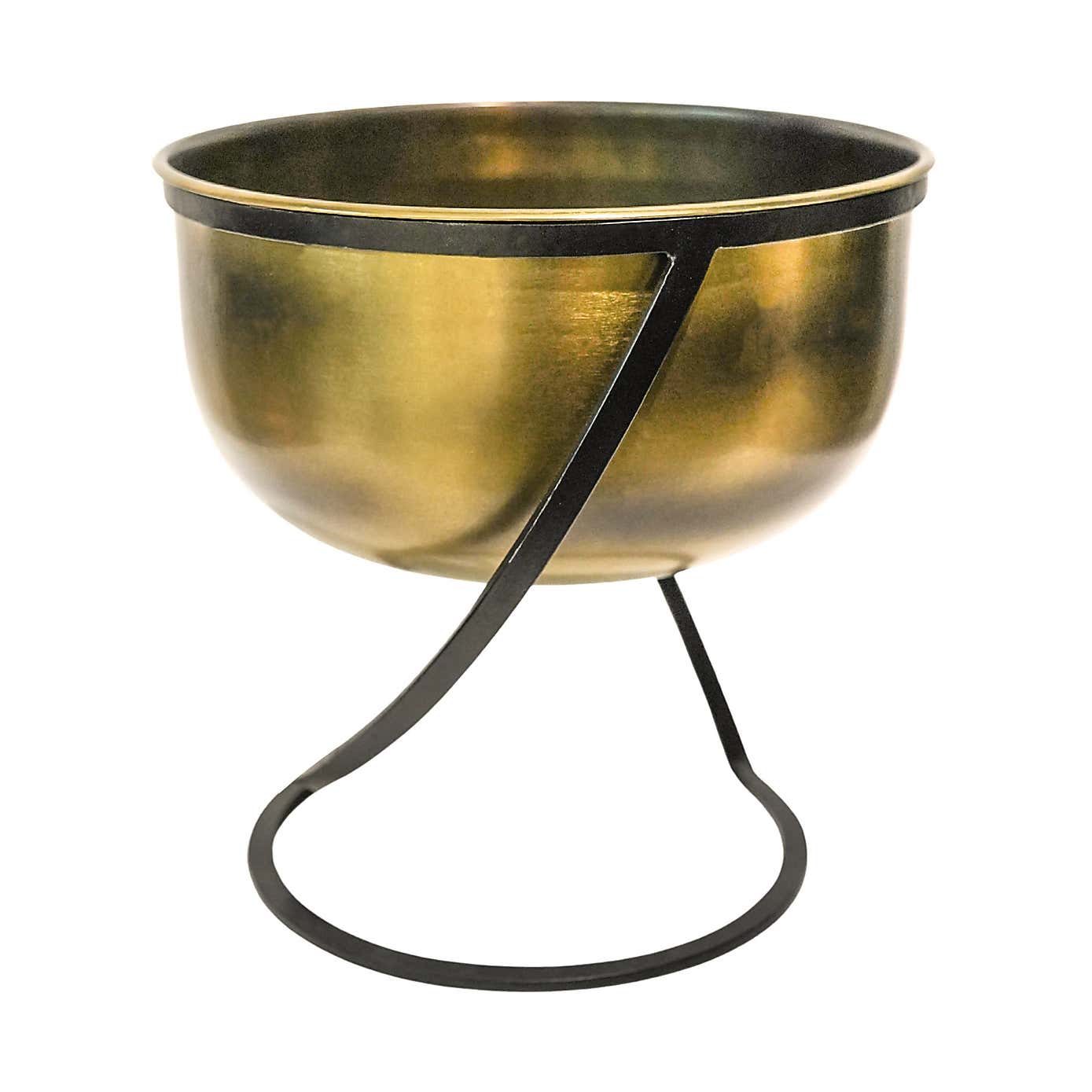 Kensington Wide Brass Metal Round Plant Pot With Stand