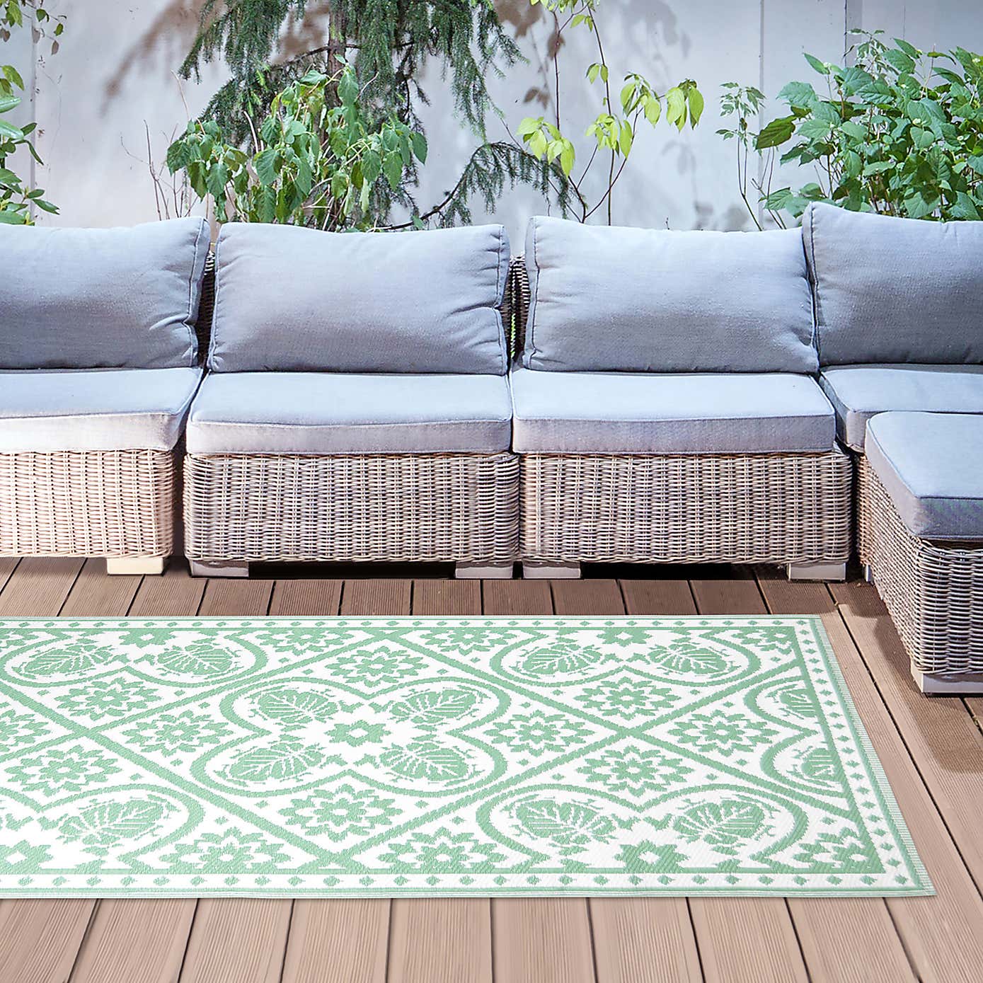 Fallen Fruits Green & White Tiles Outdoor Rug