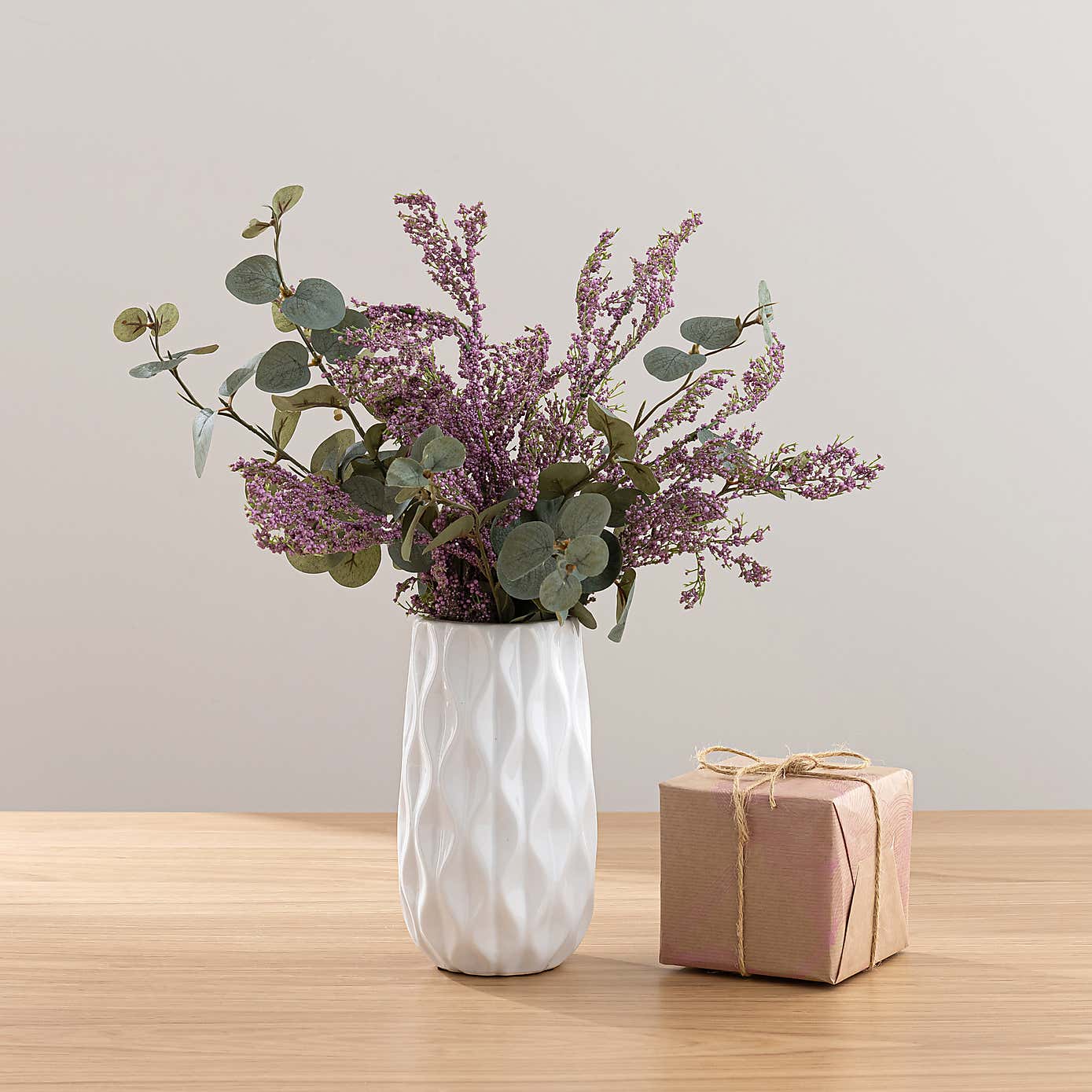 Artificial Berry & Eucalyptus Bouquet in Ceramic Vase with Sea Salt Candle