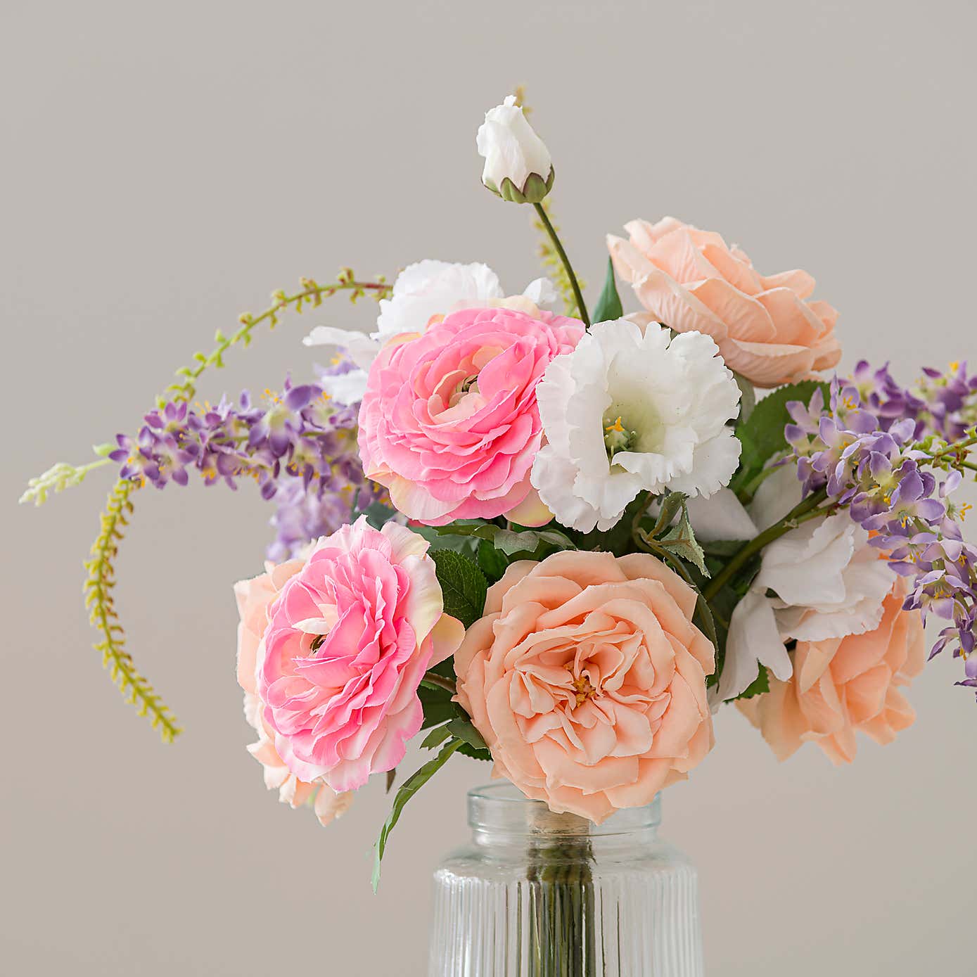 Artificial Rose & Delphinium Bouquet in Ribbed Glass Vase