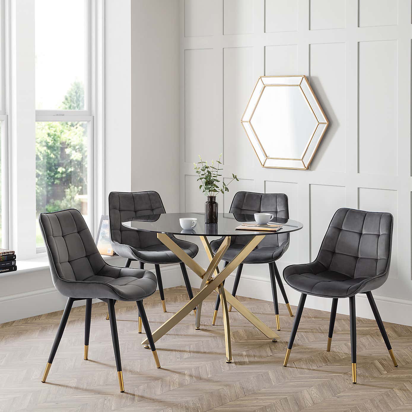 Montero Round Glass Dining Set with 4 Hadid Chairs