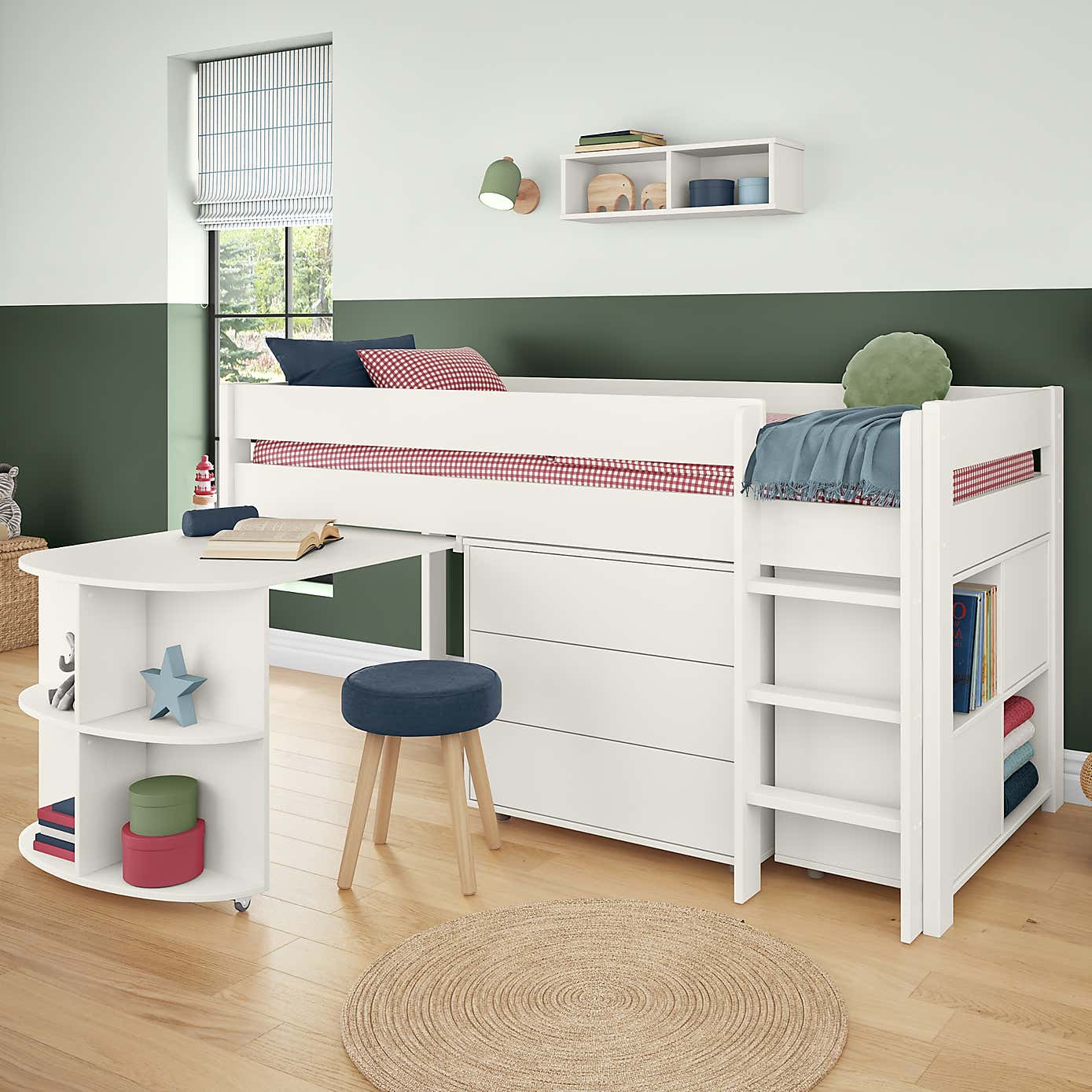Stompa Uno Midsleeper With Pull Out Desk, Chest of Drawers and Cube Unit, Pine