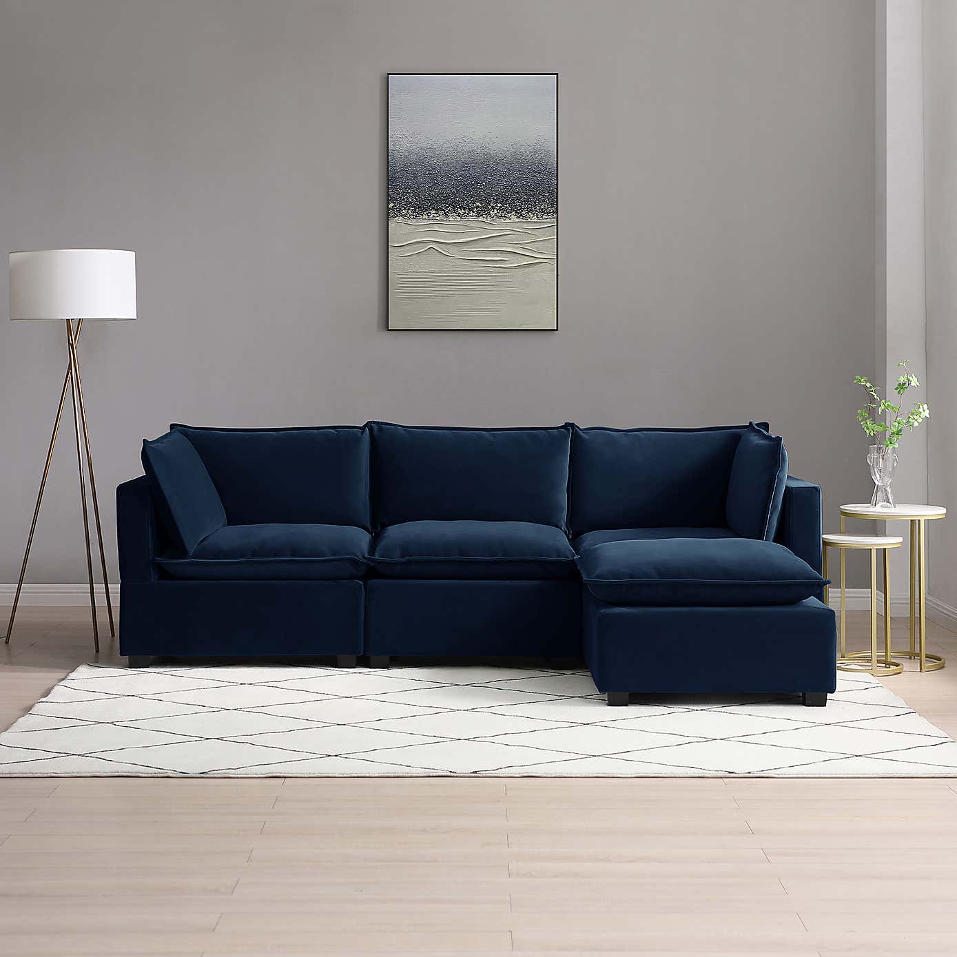 Moda 3 Seater Modular Sofa with Chaise, Navy Velvet