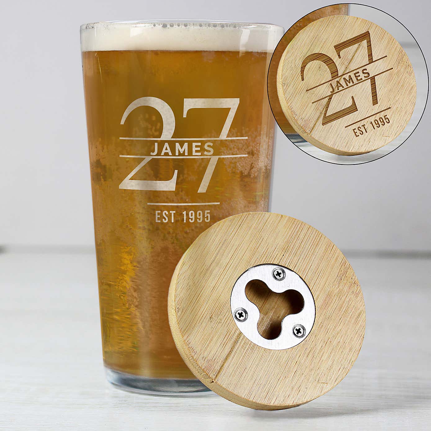 Personalised Birthday Bamboo Bottle Opener Coaster and Pint Glass Set