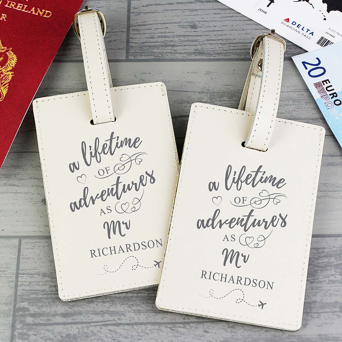 Personalised Lifetime of Adventures Couples Leather Luggage Tags