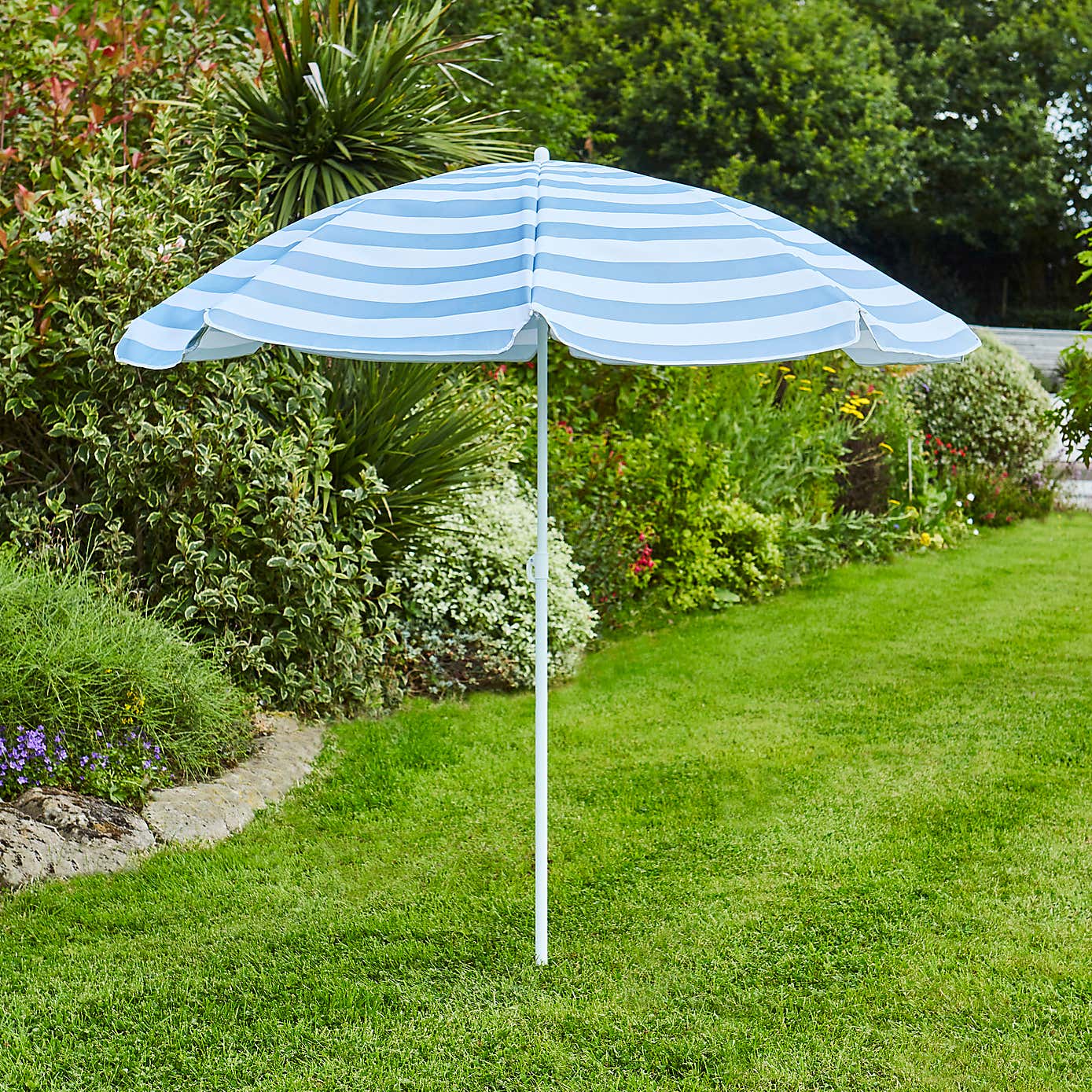 Blue and White Striped Beach Parasol