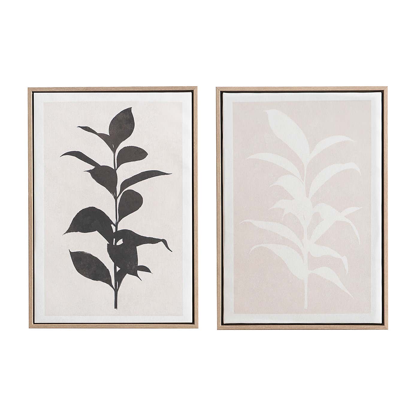 Set of 2 Natural and Black Leaf Print Framed Canvases