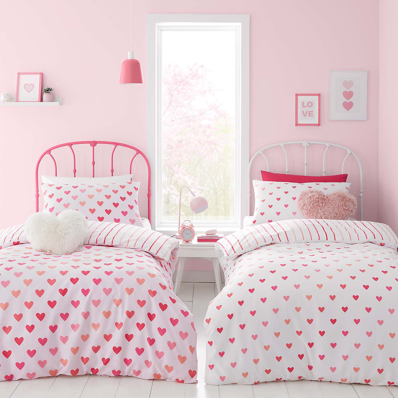 Catherine Lansfield Set of 2 Hearts and Stripes Reversible Duvet Cover and Pillowcase Sets