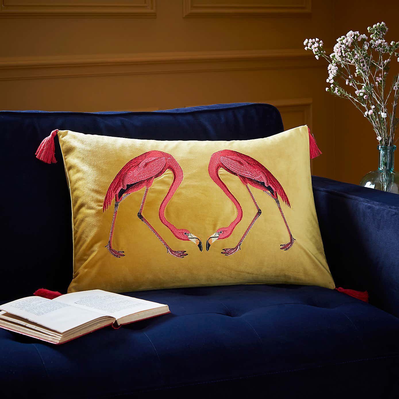 Flamingo Embroidery Cushion Chartreuse