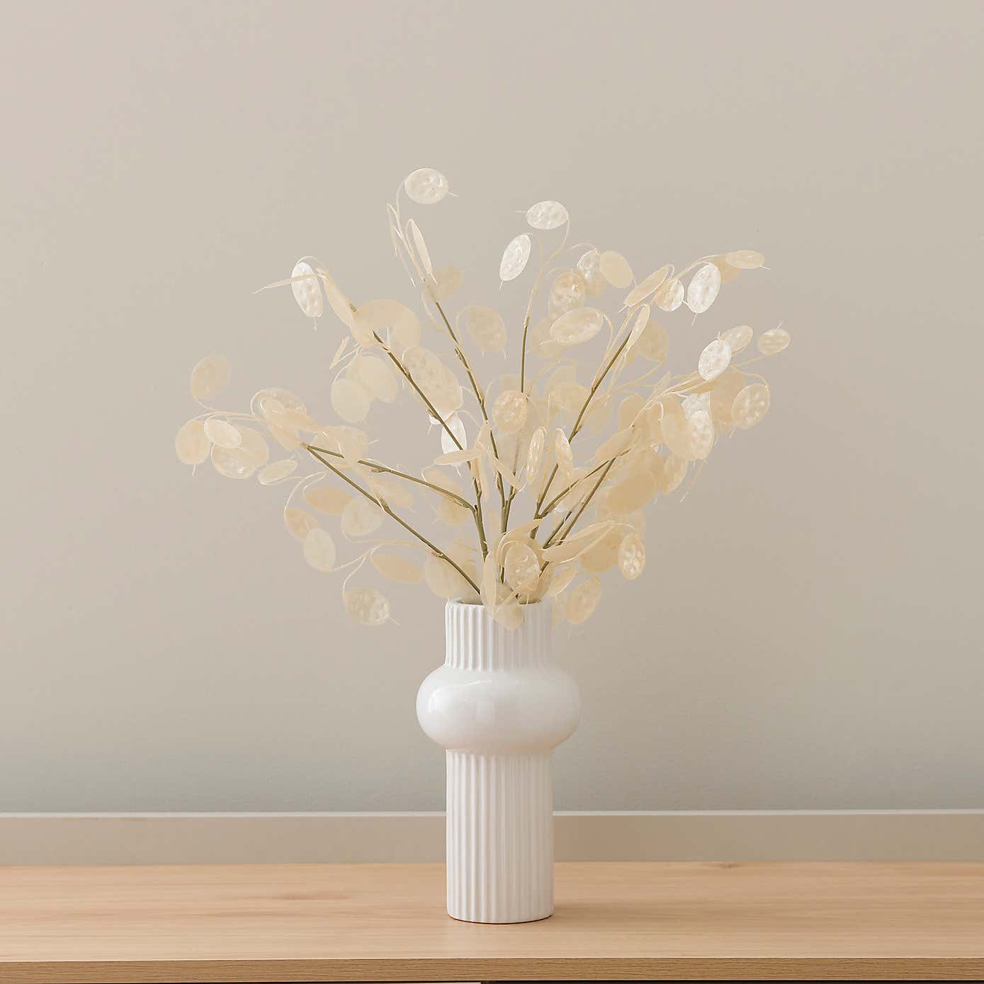Artificial Honesty Spray Bouquet in Ribbed White Ceramic Vase