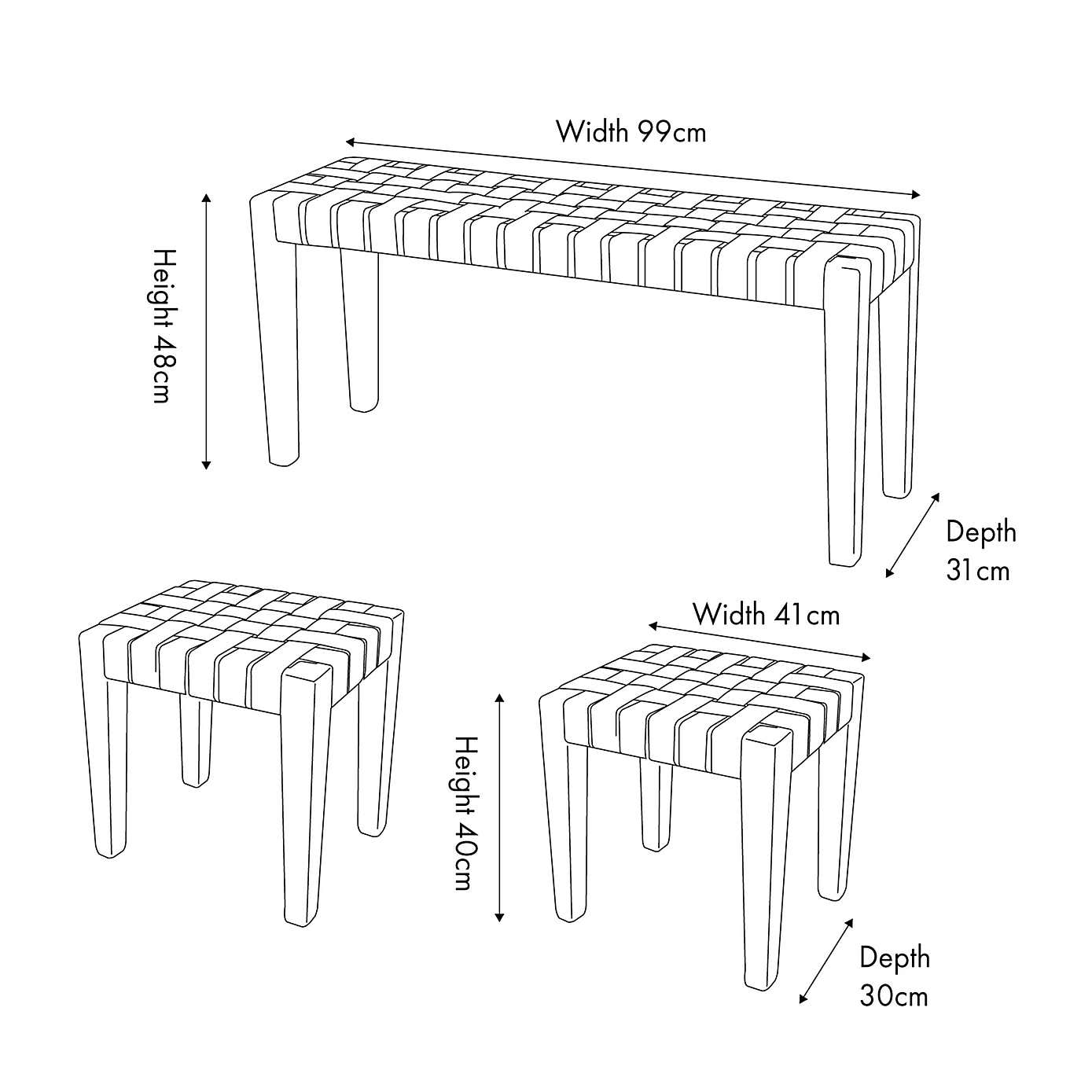 Pacific Claudio Leather Bench and Stools Set, Mango Wood
