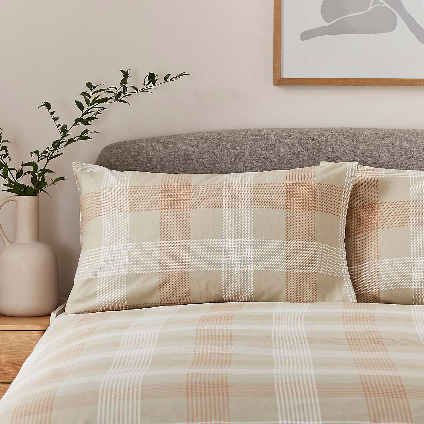 Grey Natural Check Brushed Cotton Duvet Cover and Pillowcase Set