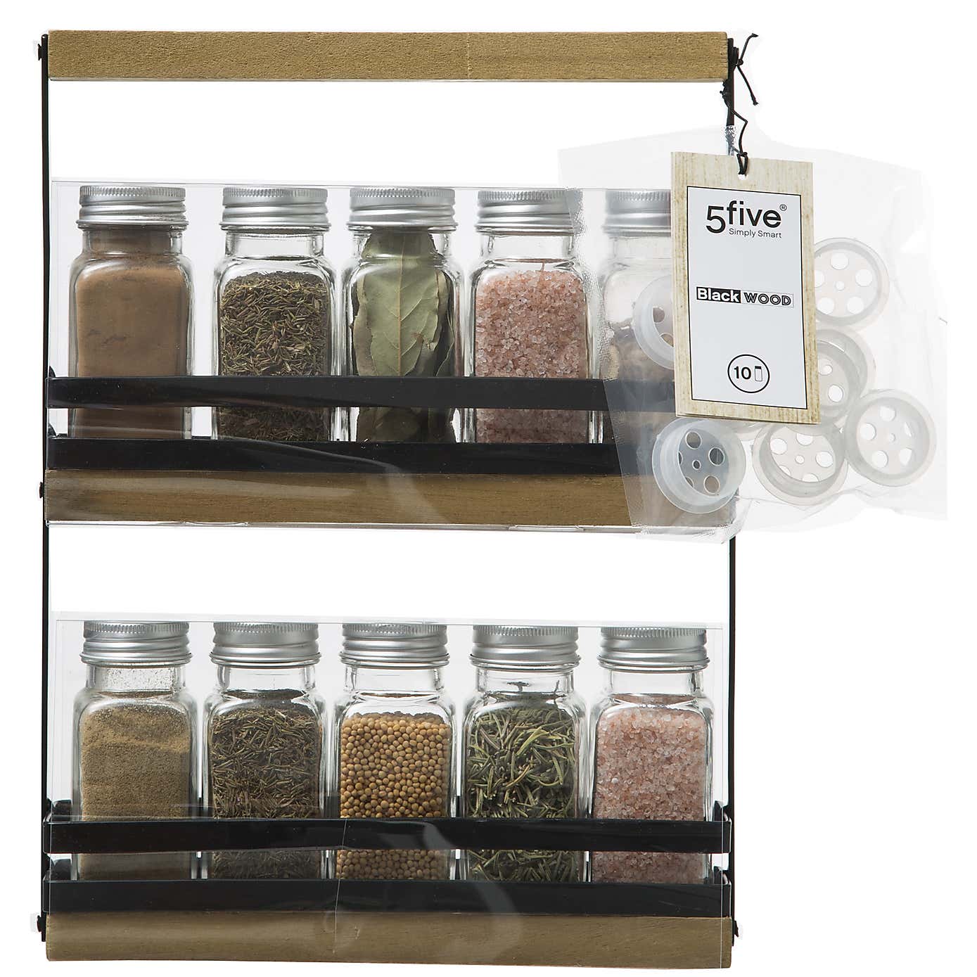 Metal & Bamboo Filled 10 Jar Spice Rack Set