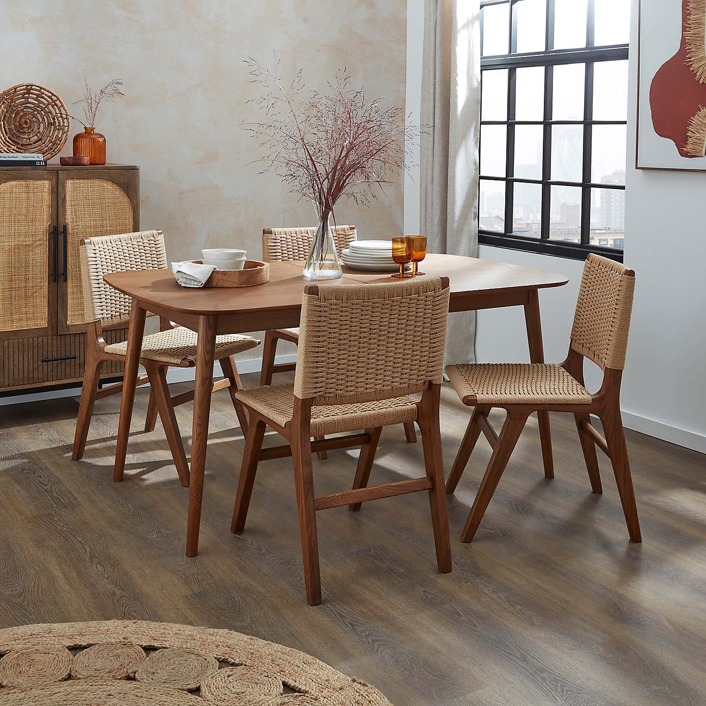 Karla Rectangular Extendable Dining Table with 4 Cordella Dark Stained Oak Dining Chairs