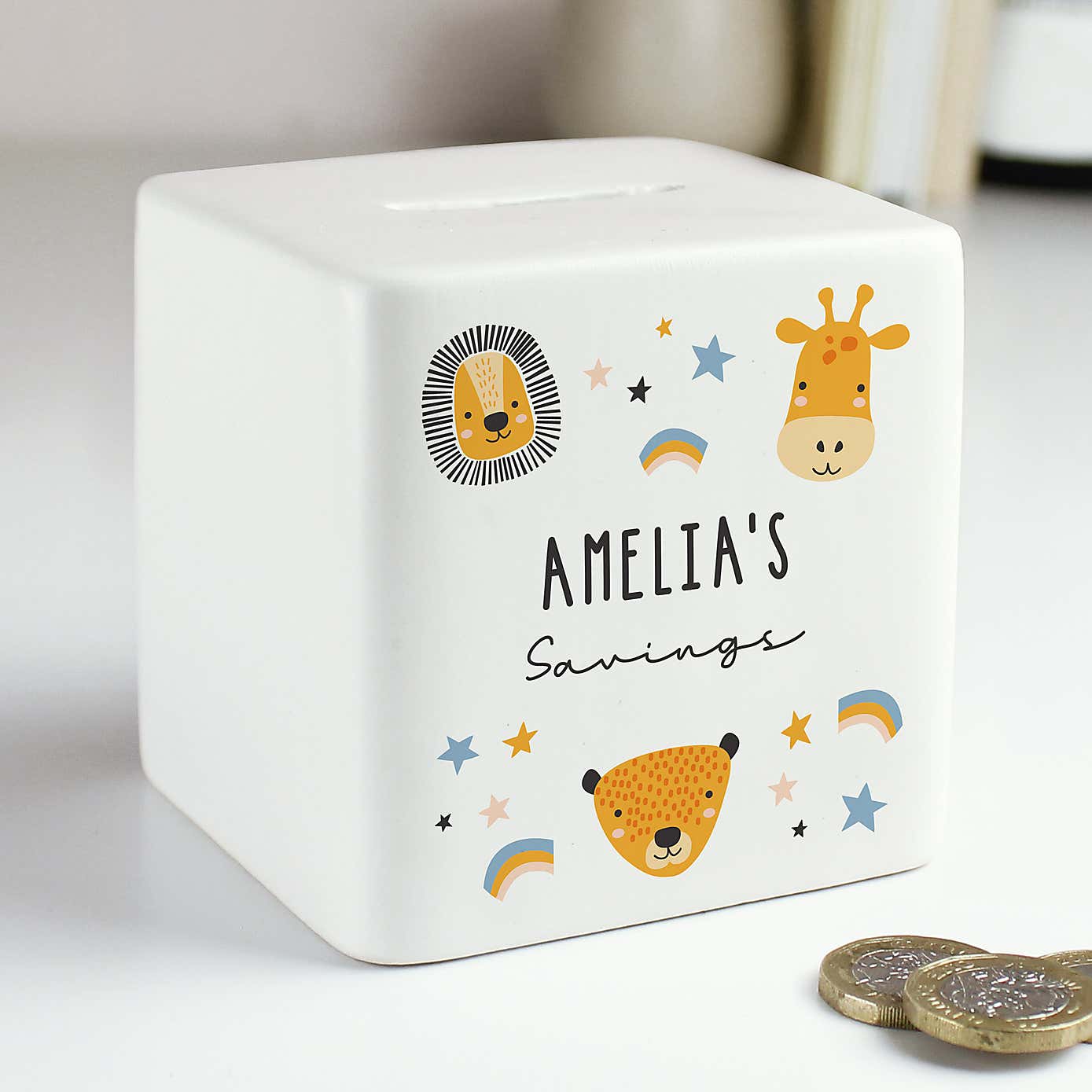 Personalised Safari Animals Ceramic Square Moneybox