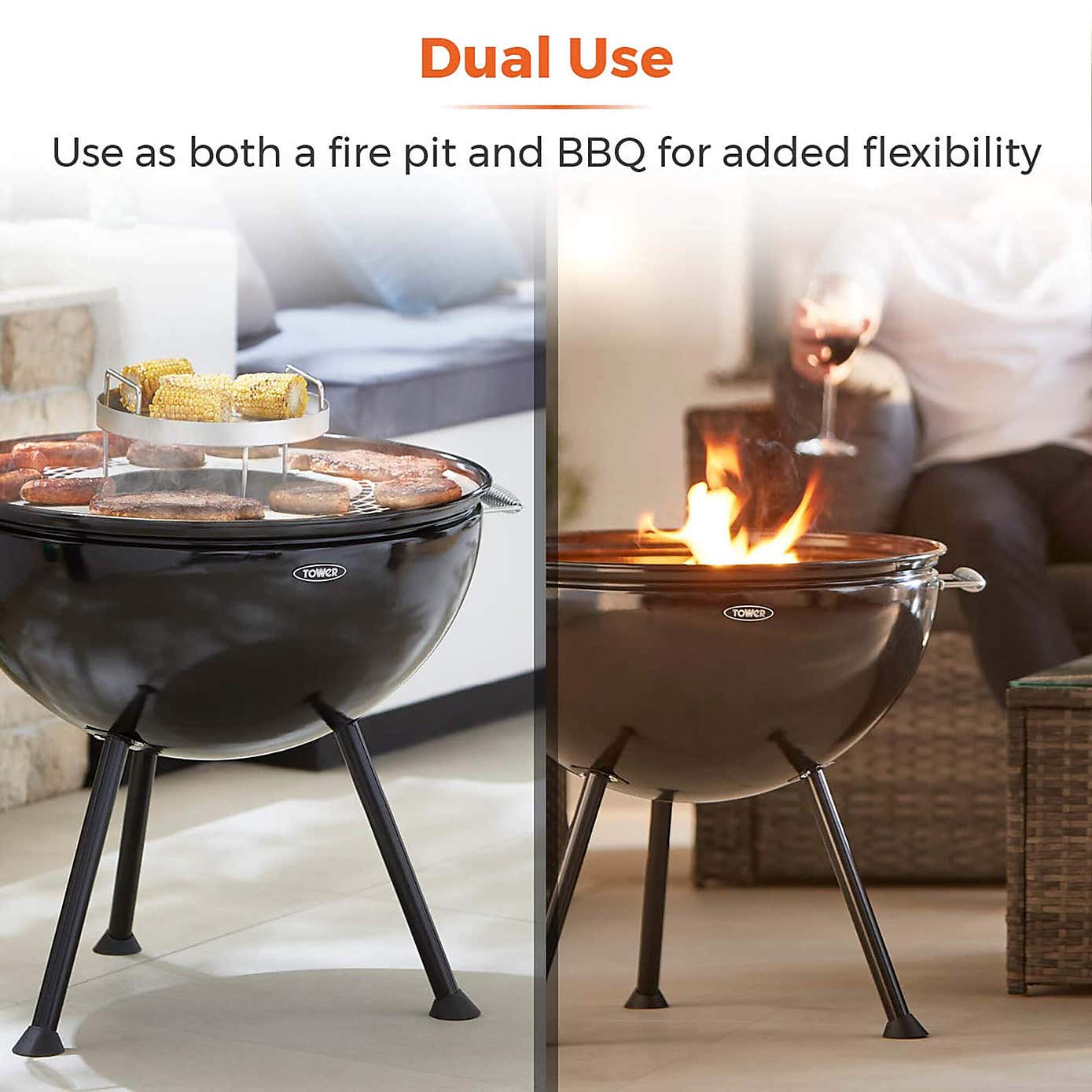 Tower Sphere Charcoal Pit 'n' Grill, Black Steel