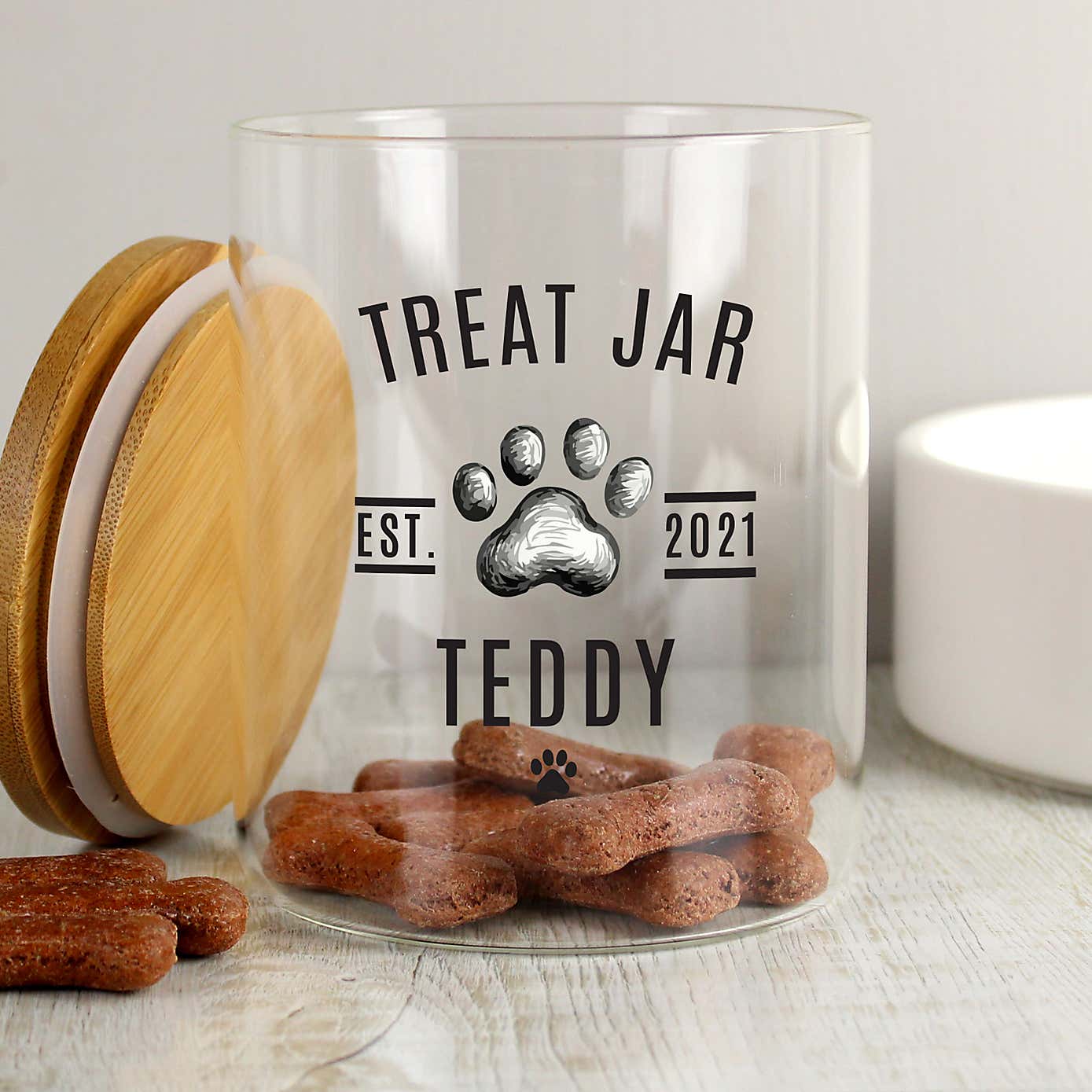 Personalised Pet Treat Glass Jar with Bamboo Lid