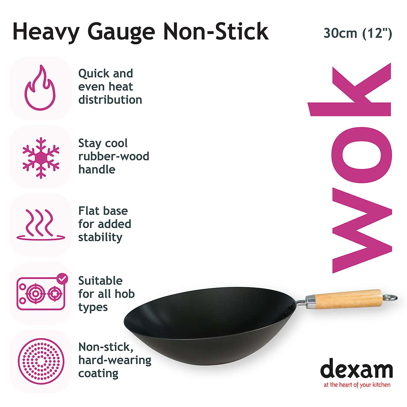 Dexam Non-Stick Heavy Gauge Carbon Steel Wok, 30cm