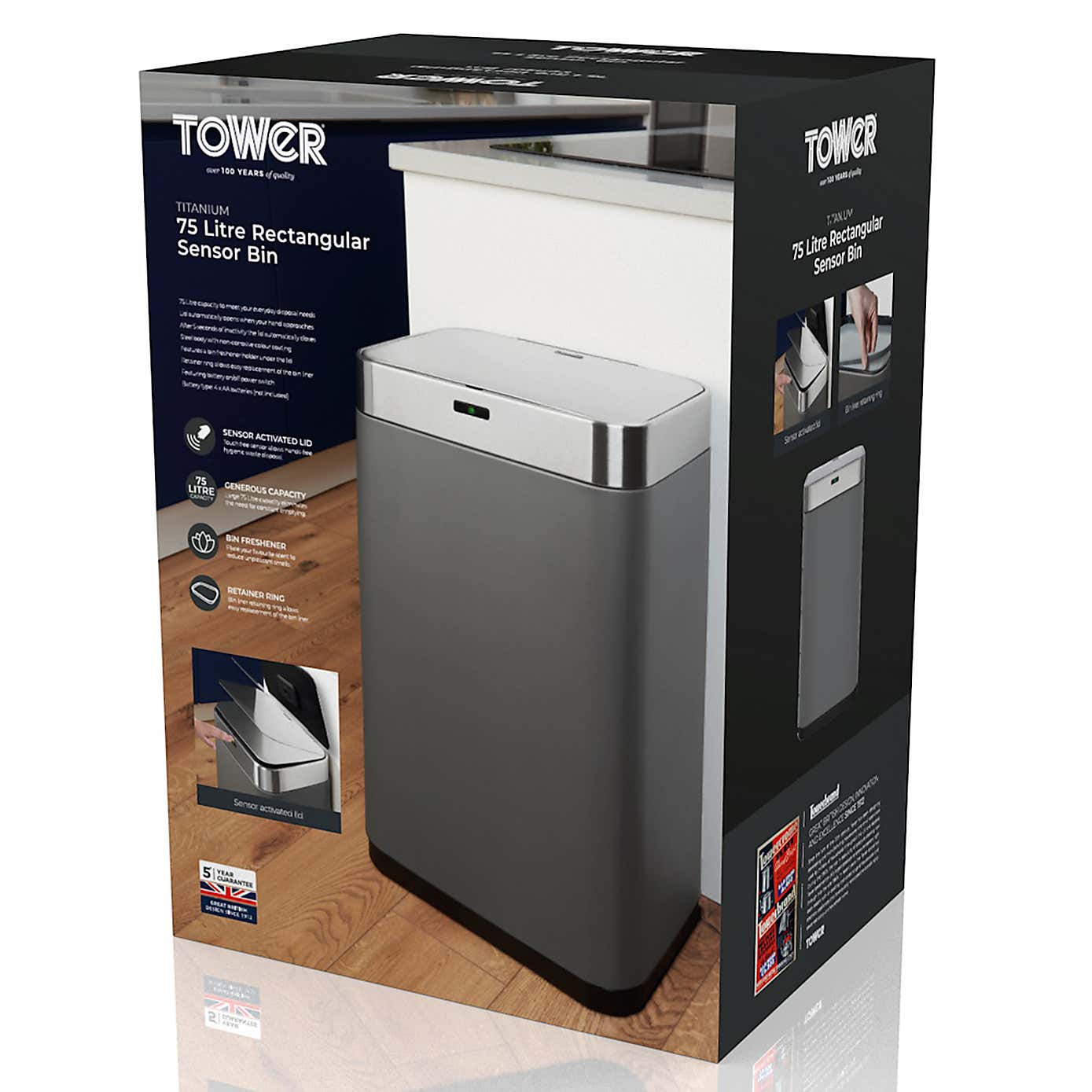 Tower 75 Litre Silver Rectangular Sensor Bin