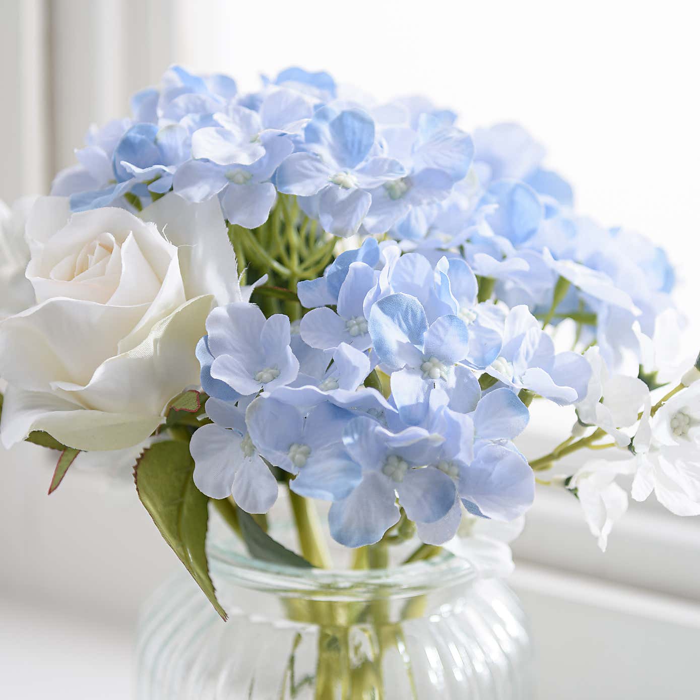 Artificial Hydrangea and Rose Bouquet in Ribbed Glass Vase