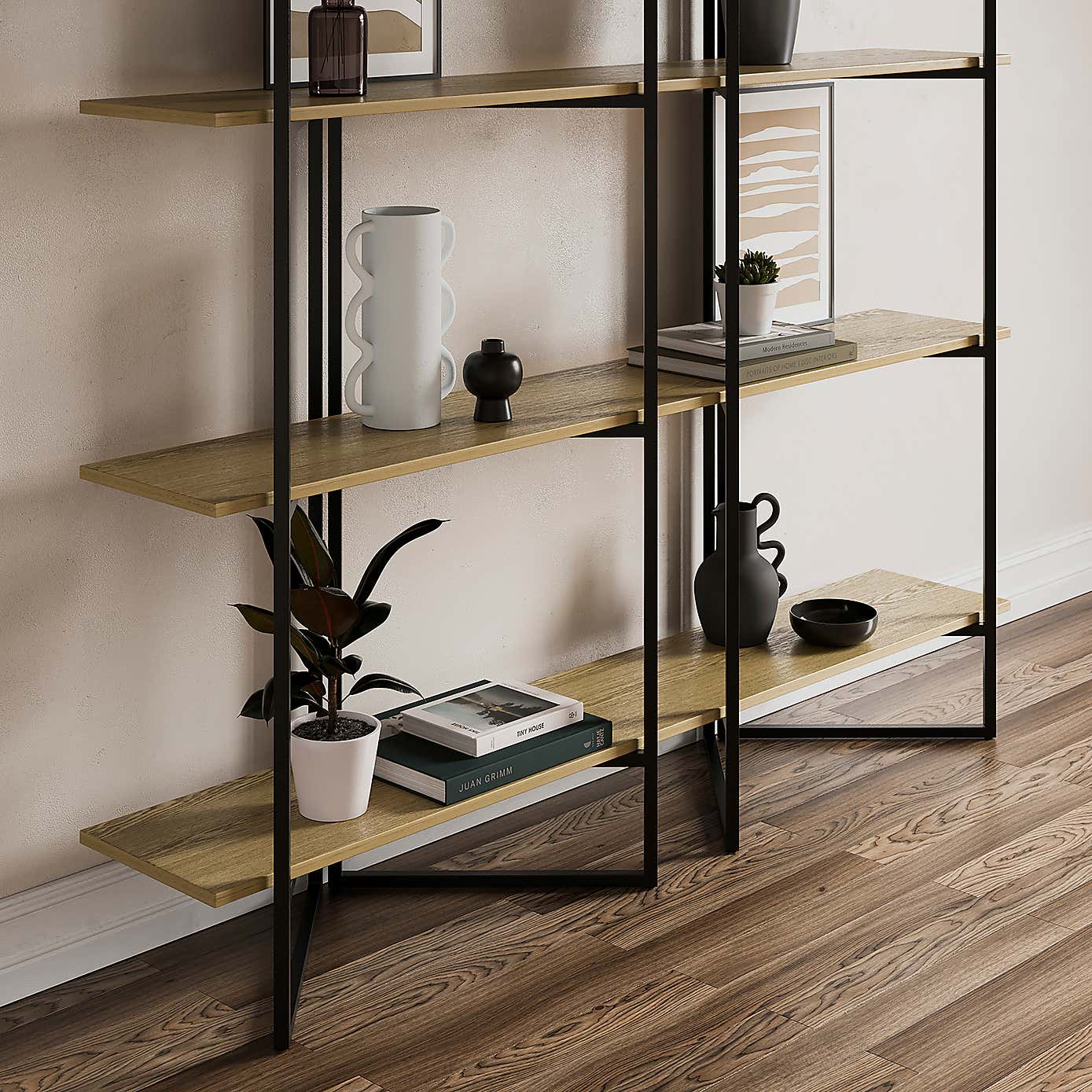 Ramson Tall and Wide Shelving Unit, Oak and Black
