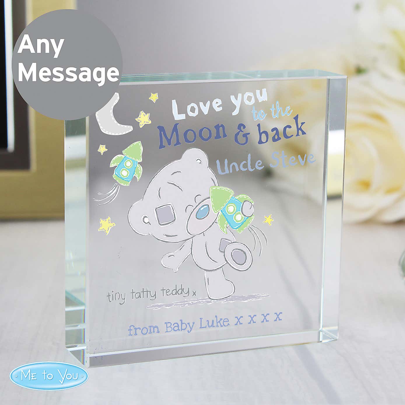 Personalised Tiny Tatty Teddy To the Moon and Back Crystal Token