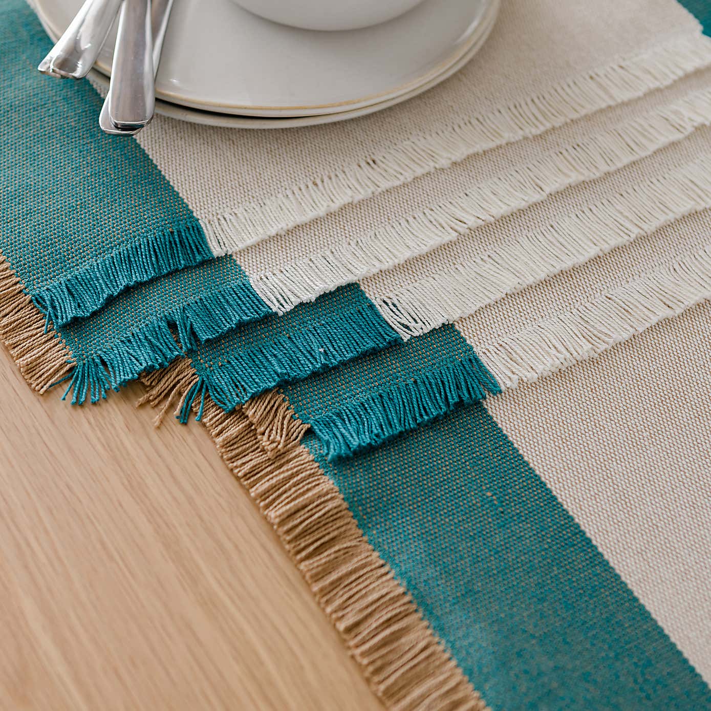 Set of 2 Rib Stripe Green Border Cotton Placemats