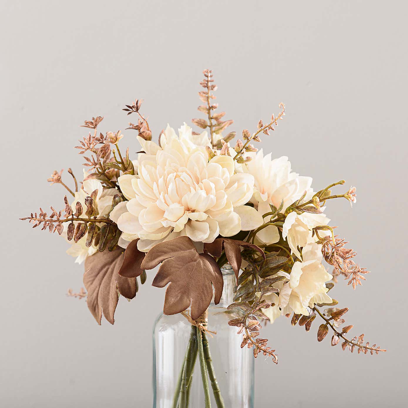 Artificial Dried Dahlia and Foliage Bouquet in Glass Vase