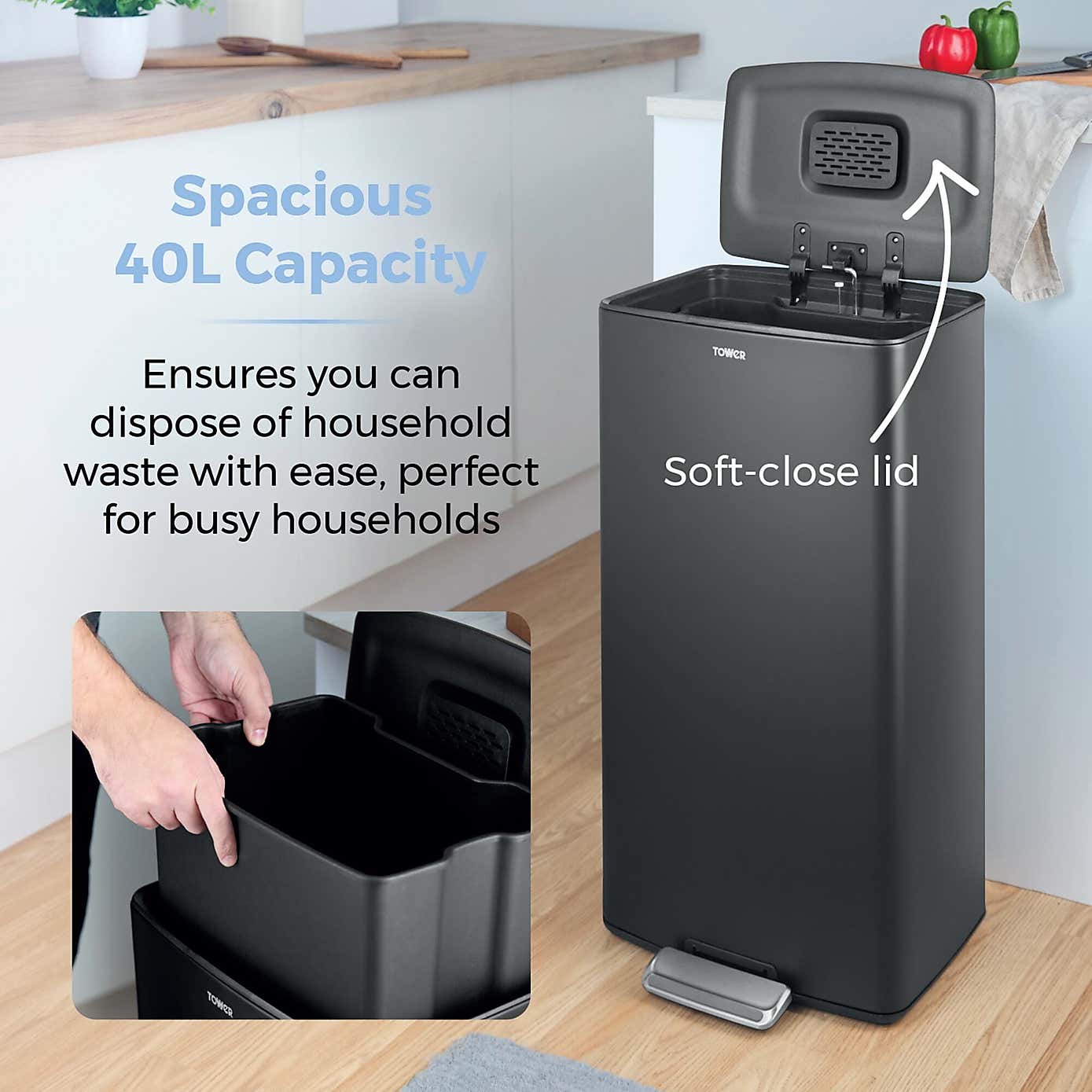 Tower 40L Rectangular Pedal Bin