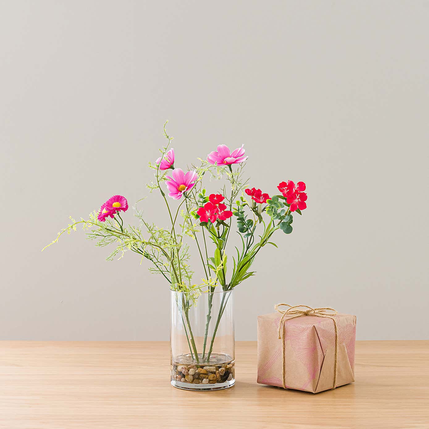 Artificial Pink & Red Wildflower Bouquet in Glass Vase with Wild Rhubarb Candle