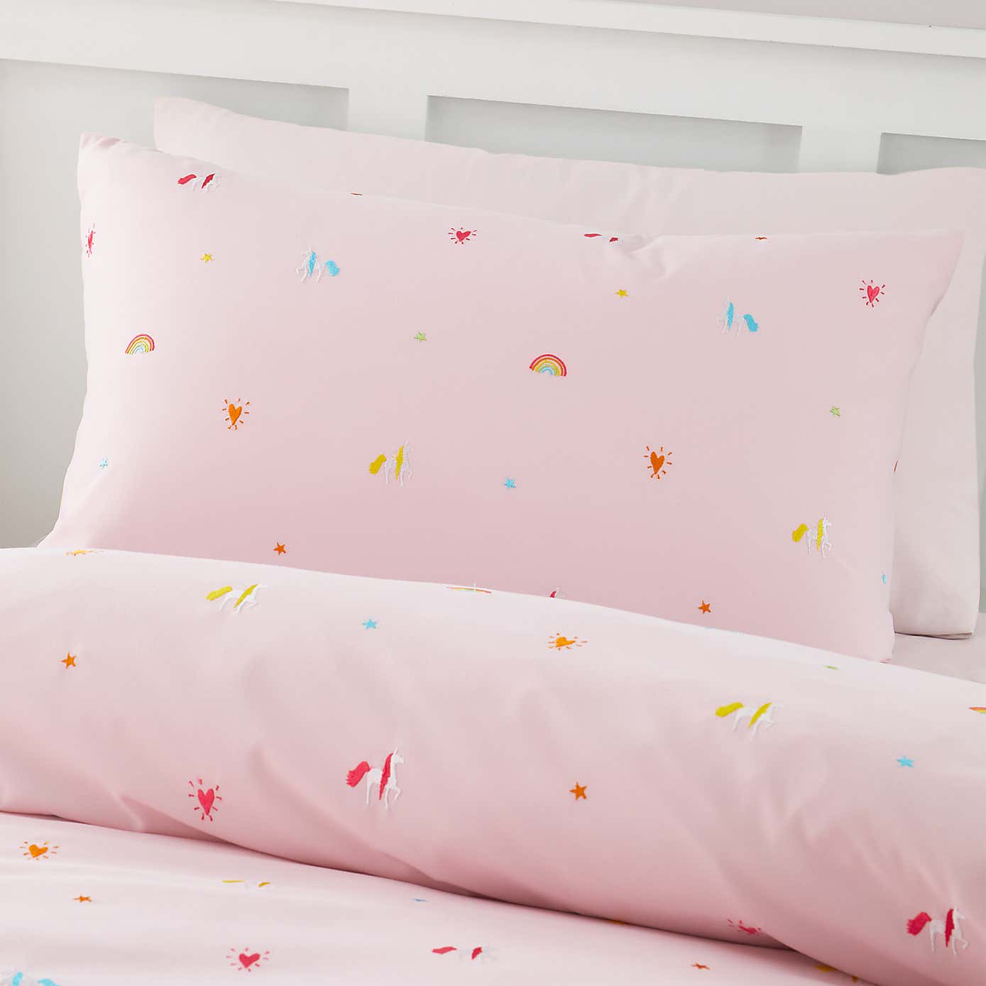 Catherine Lansfield Embroidered Unicorn Pink Microfibre Duvet Cover and Pillowcase Set