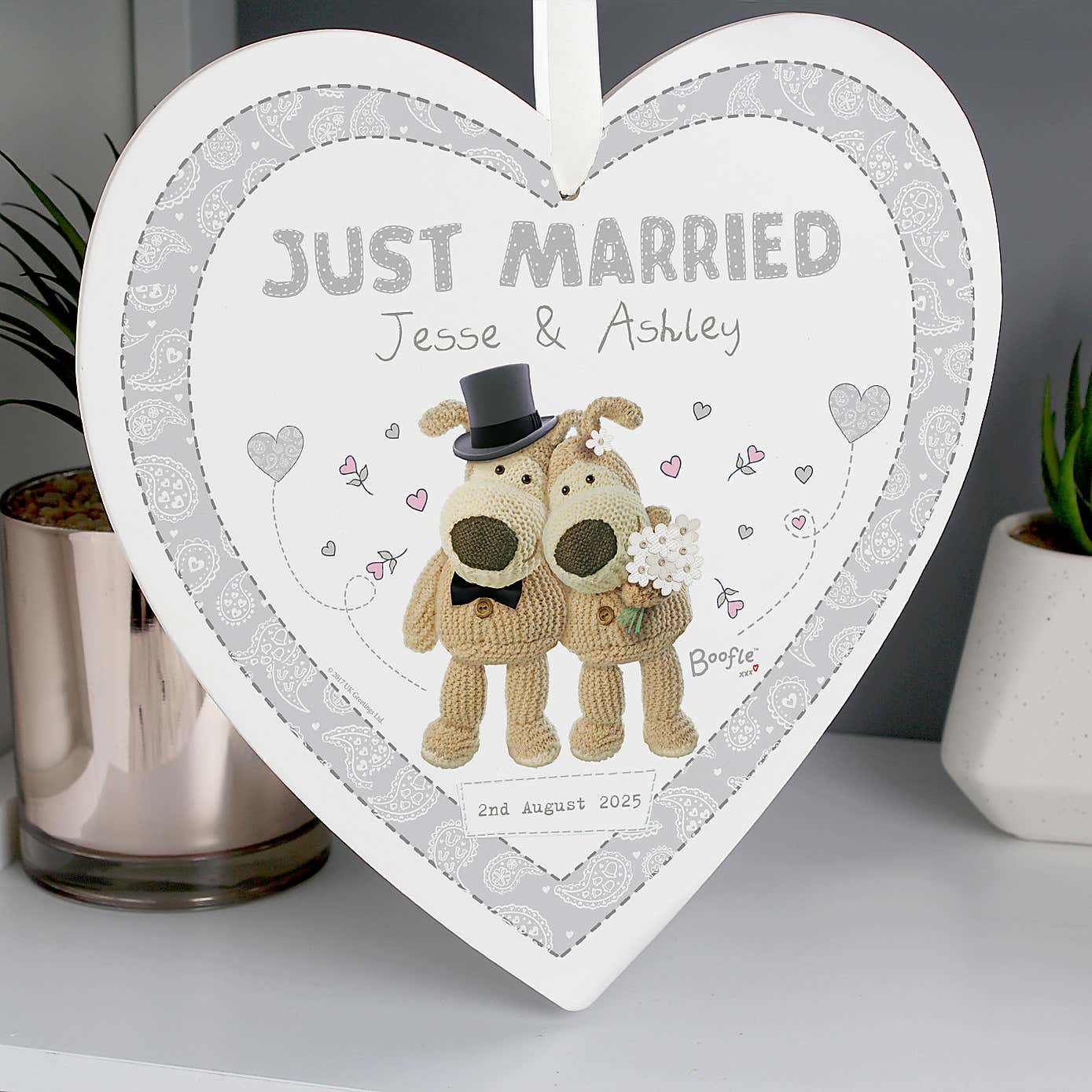 Personalised Boofle Wedding Large Wooden Heart Ornament