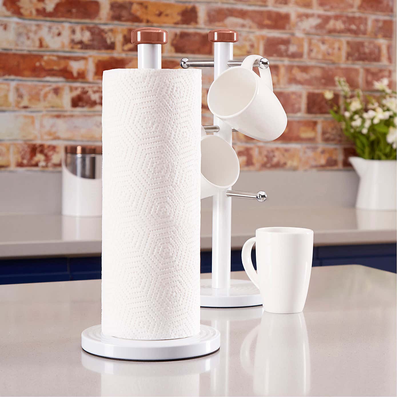Linear White and Rose Gold Mug Tree and Kitchen Roll Holder Set
