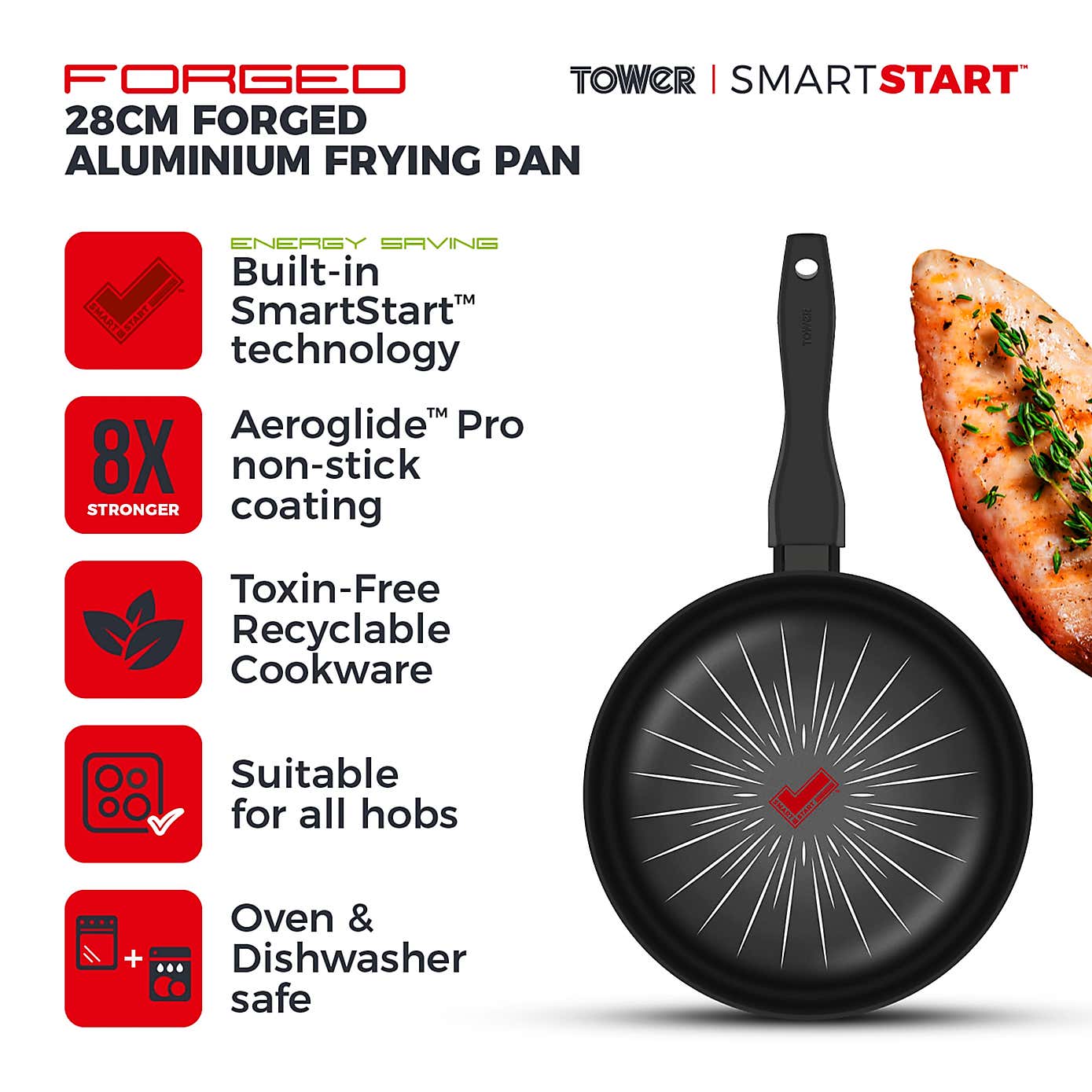 Tower Smart Start Non-Stick Forged Aluminium Frying Pan, 28cm