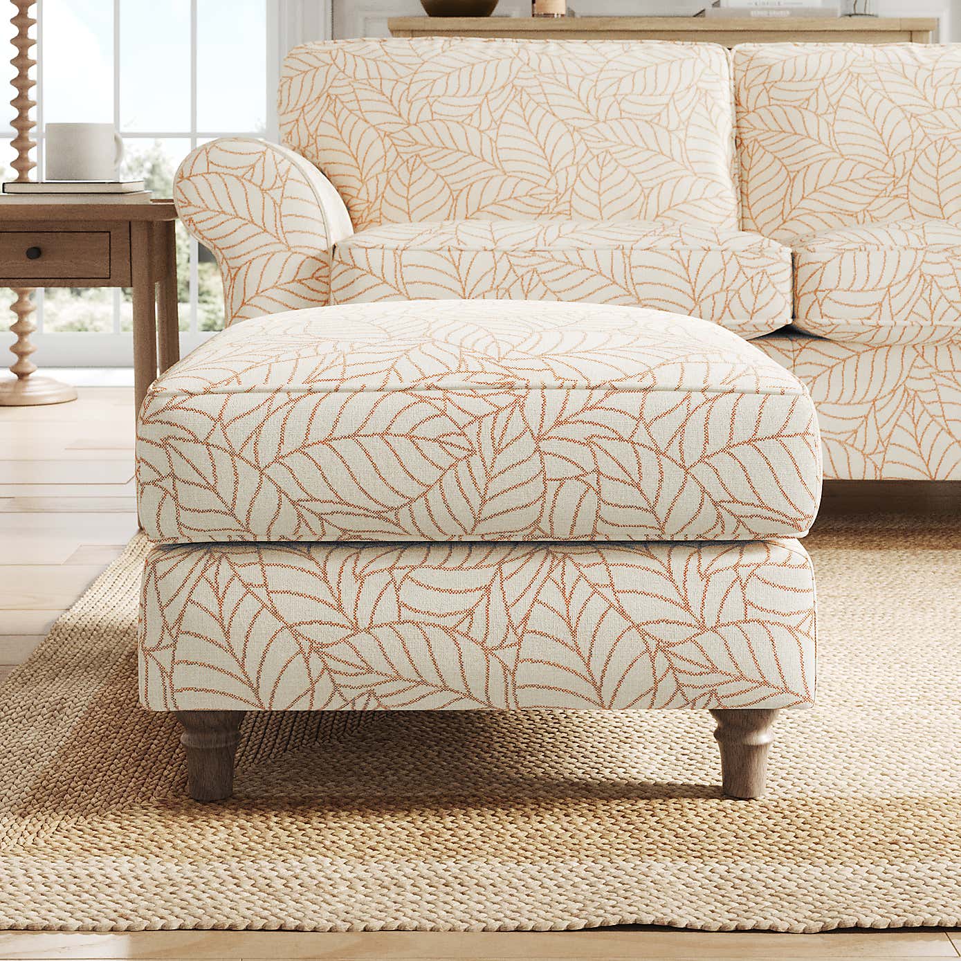 Flori Footstool, Leaf Print Fabric