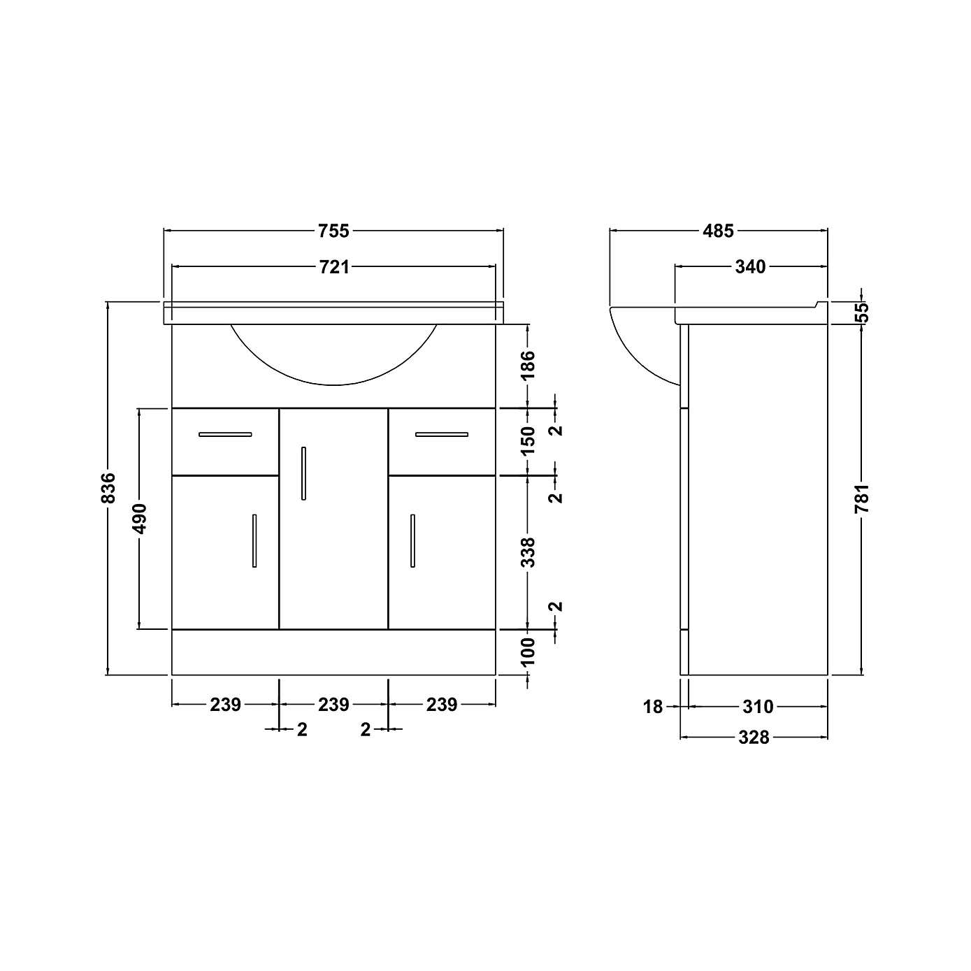 Mayford 3 Door 2 Drawer Vanity Unit with Round Basin
