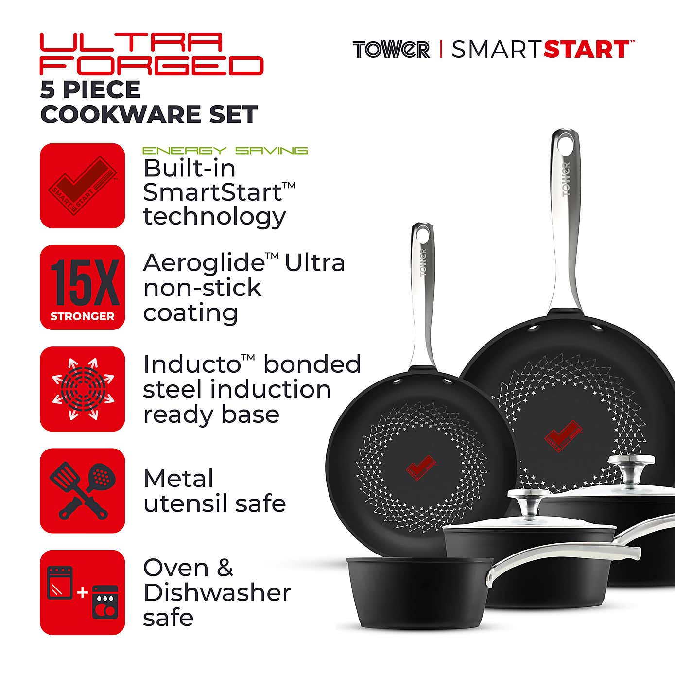 Tower Smart Start Non-Stick Ultra Forged Aluminium 5 Piece Pan Set