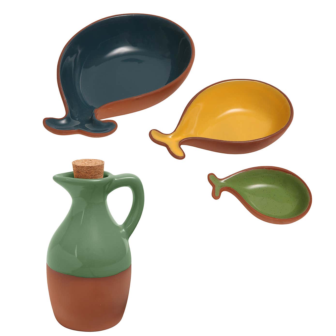 Dexam Sintra Set of 3 Glazed Terracotta Fish Tapas Dishes & Oil Drizzler