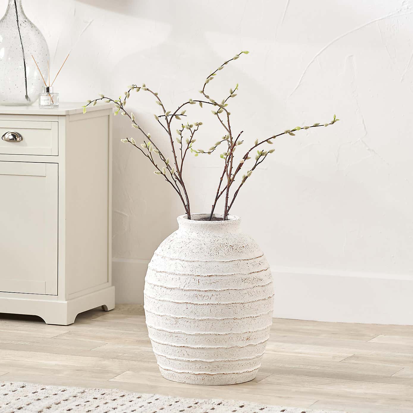 Ribbed White Wash Fibrestone Decorative Vase