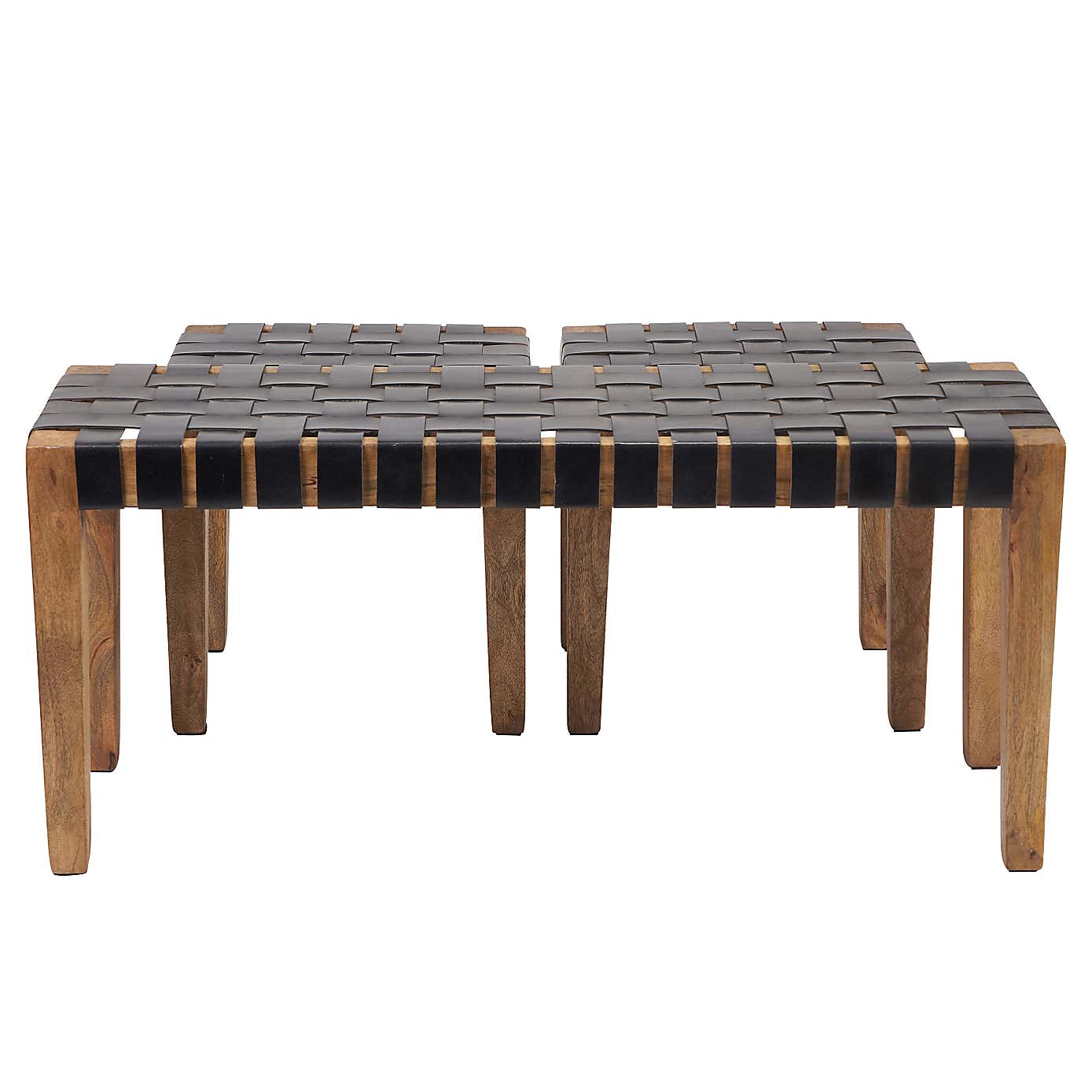 Pacific Claudio Leather Bench and Stools Set, Mango Wood