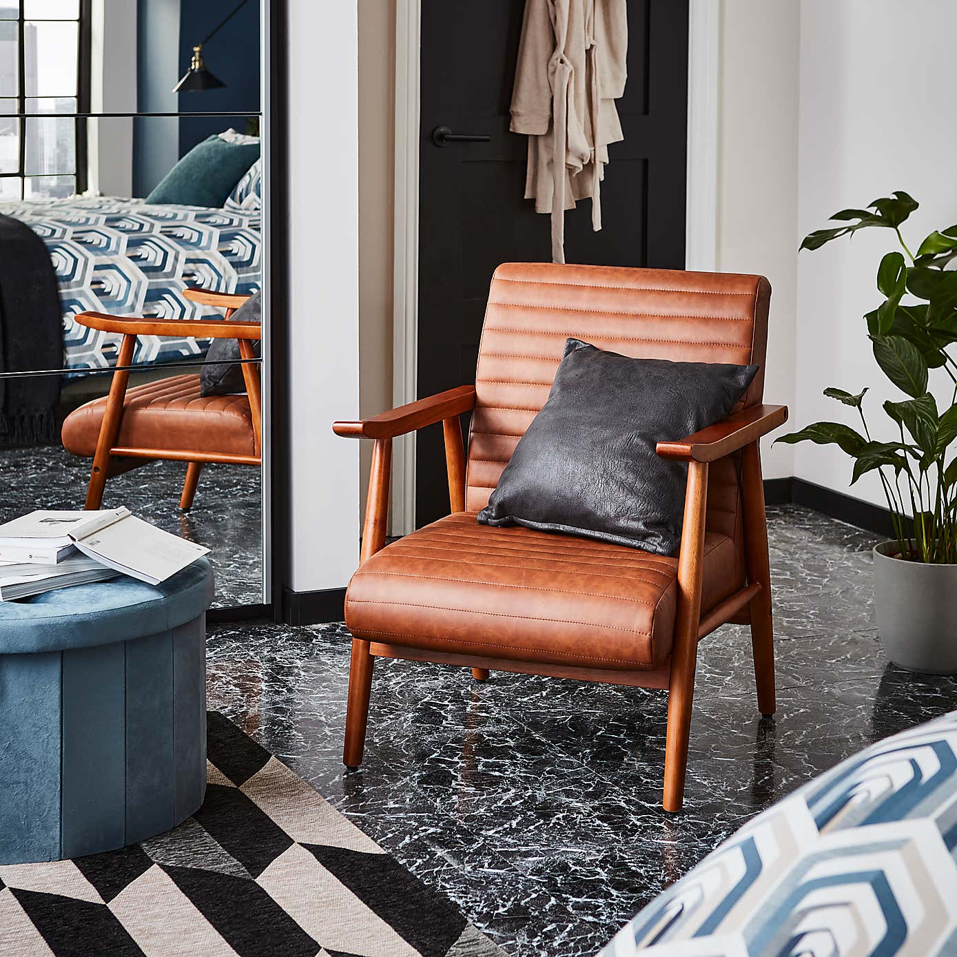 Quinn Tan Faux Leather Wooden Arm Accent Chair