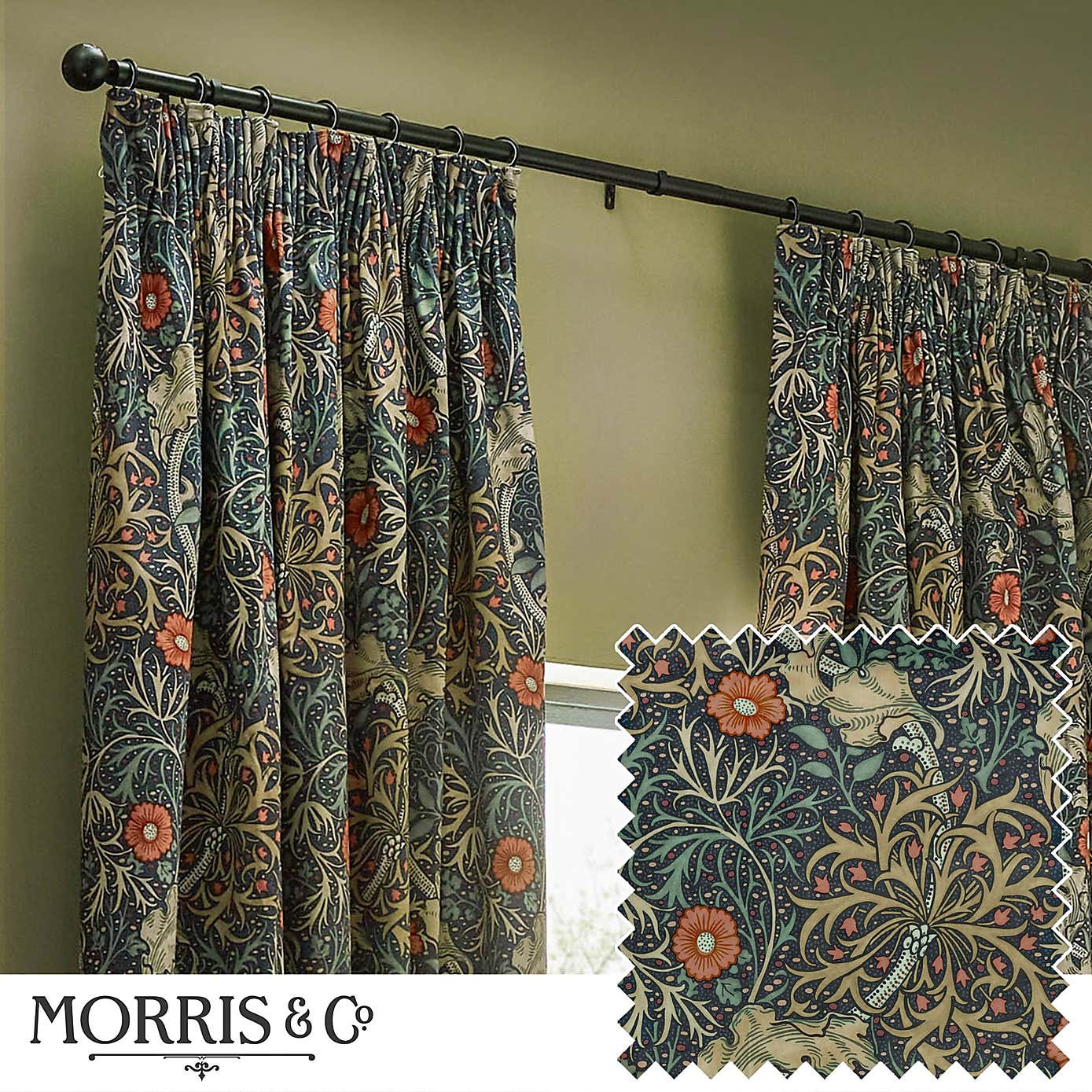 Morris & Co. Seaweed Matte Velvet Pencil Pleat Curtains